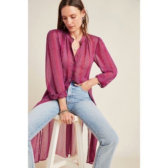 Anthropologie Maeve Sheer Magenta Button-Down Long Tunic Blouse Size XS / US 0-2 / IT 36-38 - 1 Thumbnail