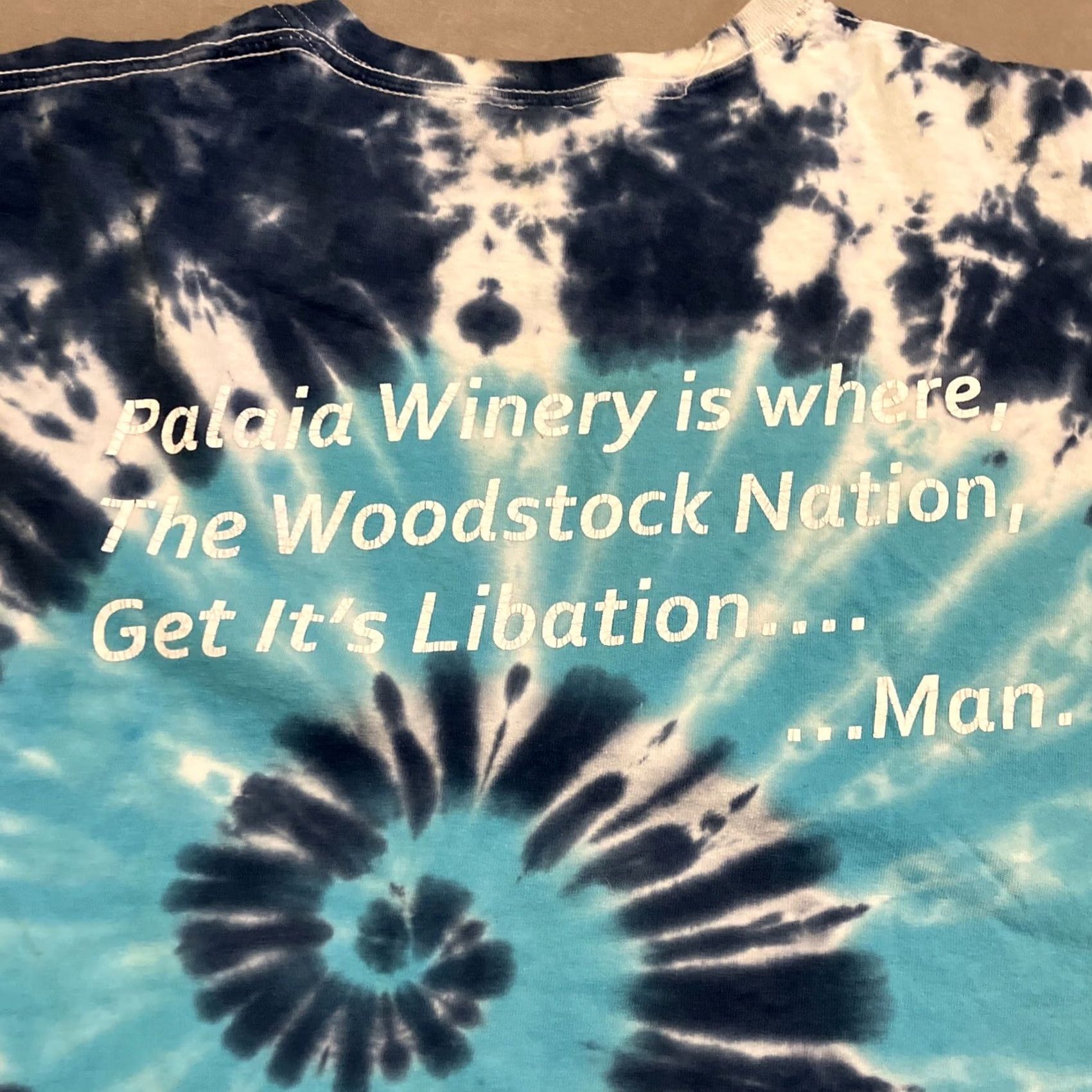 Gildan Gildan T-Shirt Mens Blue Spiral Tie Dye Palaia Vineyards Woodstock NY 2XL Shirts XXL - Rip in armpit AS-IS Size US XXL / EU 58 / 5 - 5 Thumbnail
