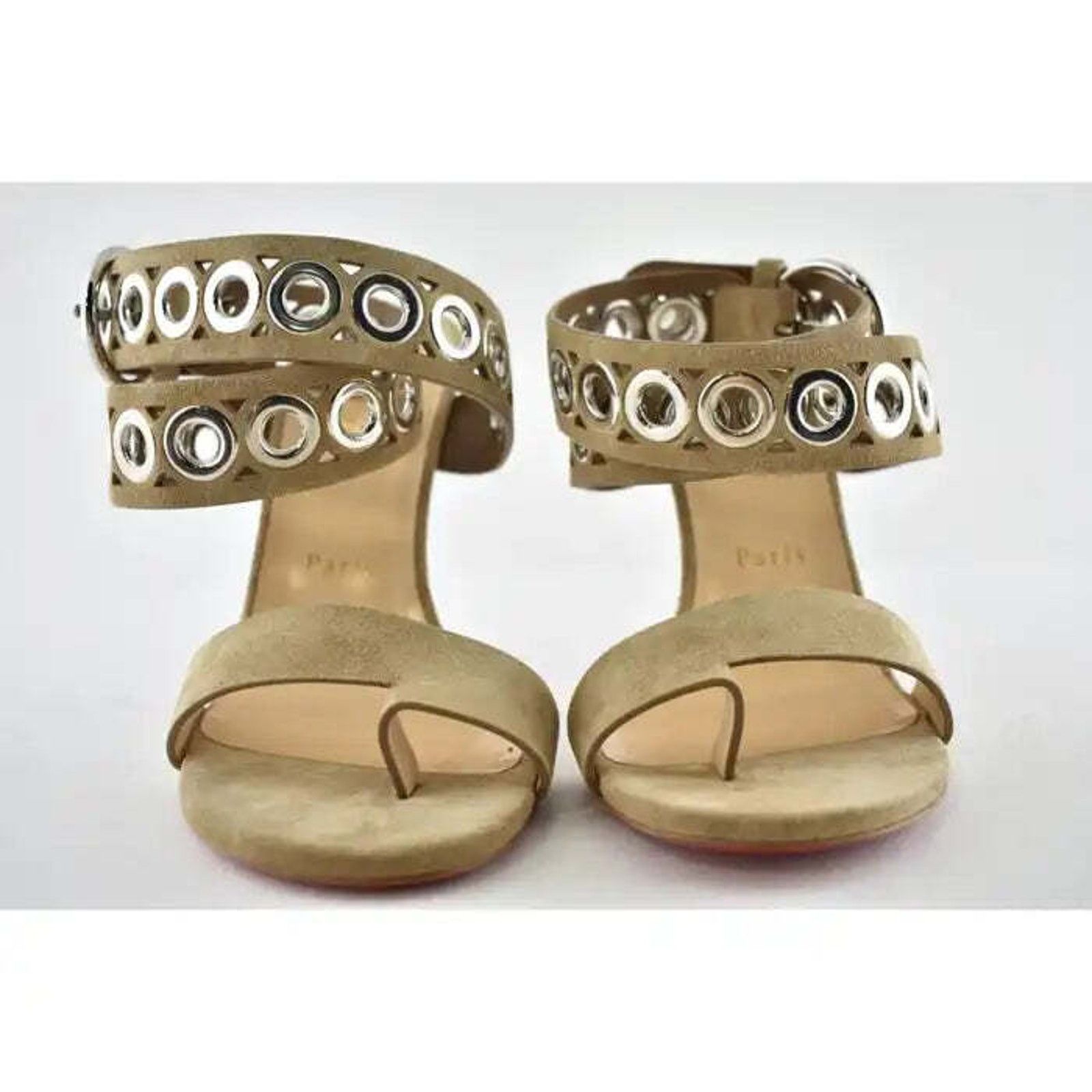 Christian Louboutin Sandaclou 100 Lionne Beige Suede Strap Sandal Heel Pump 40 Size US 10 / IT 40 - 5 Thumbnail