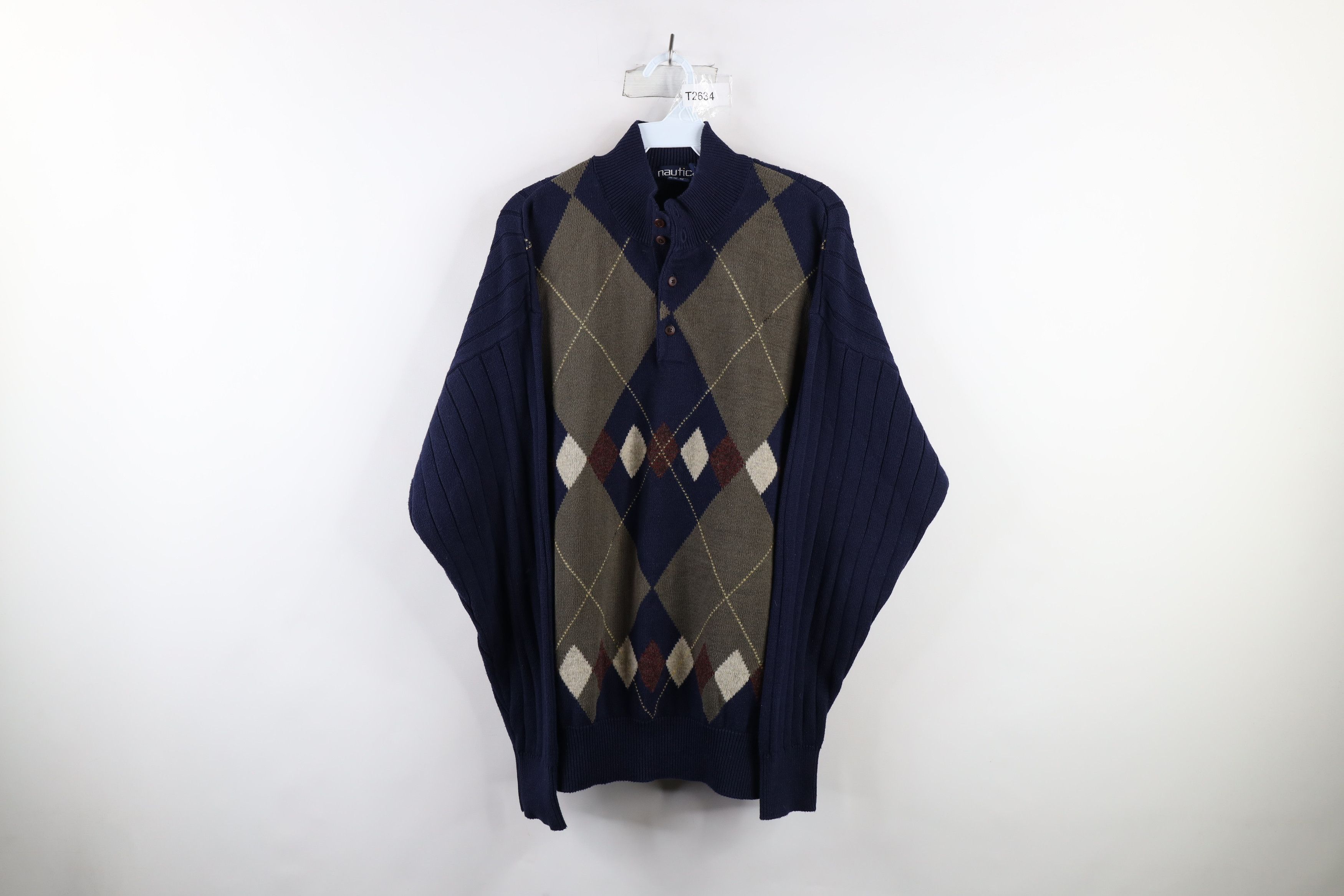 Nautica Vintage 90s Nautica Diamond Knit Henley Sweater Cotton Size US XL / EU 56 / 4 - 1 Thumbnail