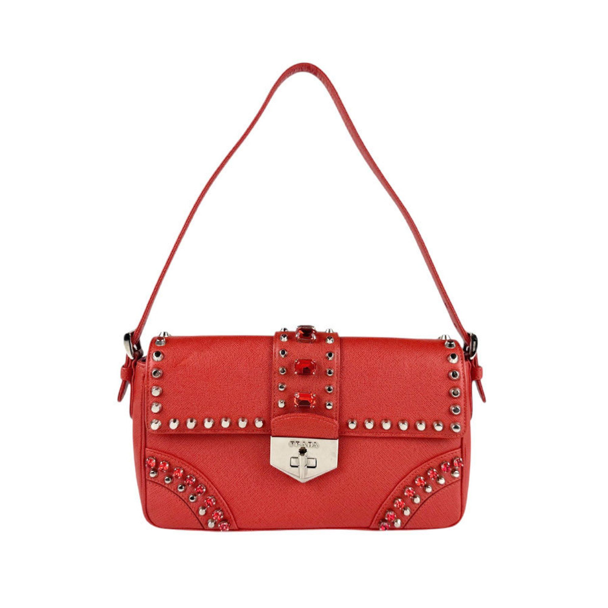 Prada Shoulder Bag Leather Metal Red Silver Women's Z4894