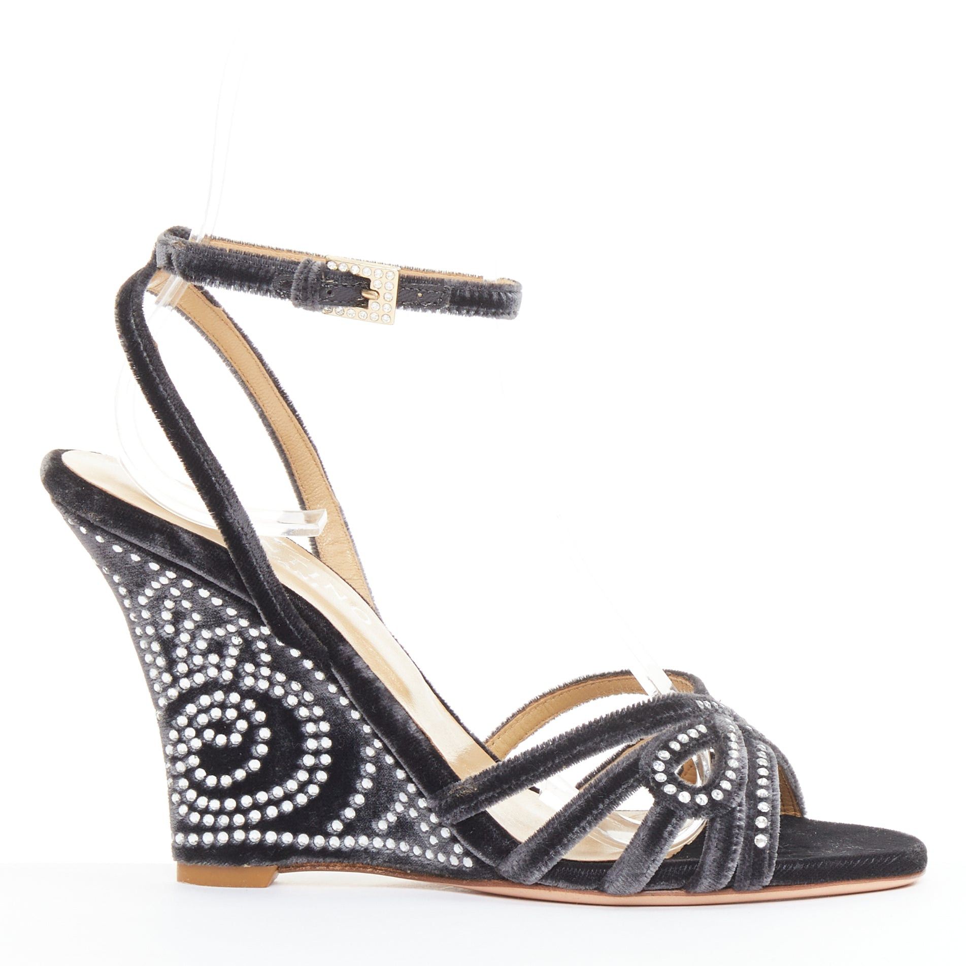 Valentino VALENTINO GARAVANI Vintage dark grey crushed velvet crystal wedge sandals EU36 Size US 6 / IT 36 - 1 Thumbnail