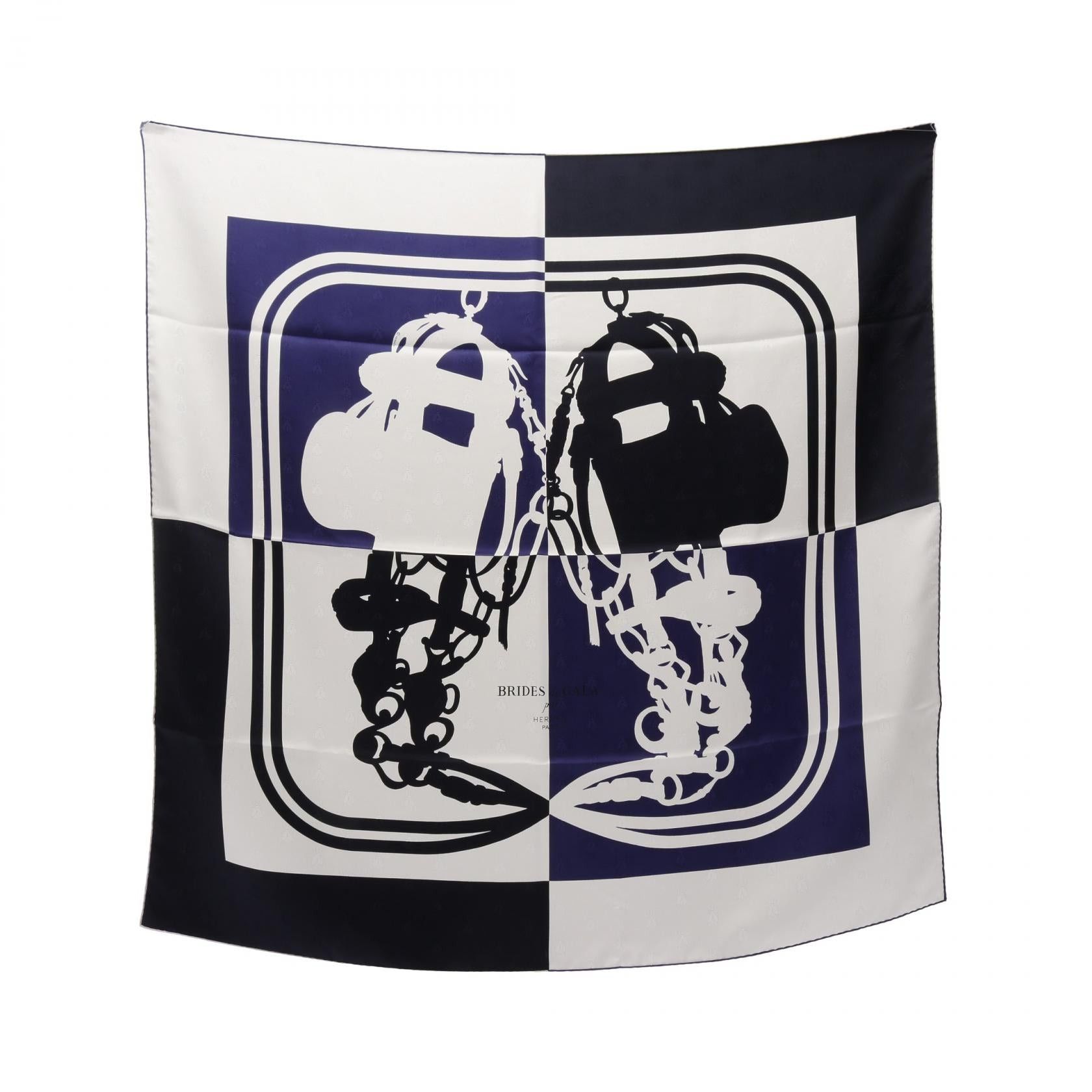 Hermes Carres 90 Tattoo Brides De Gala Scarf Silk White Navy