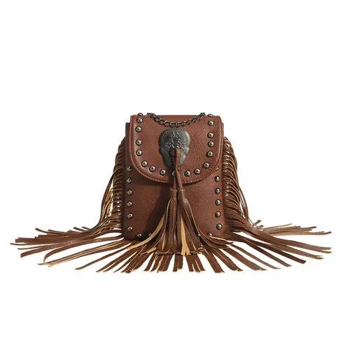 Vintage Brown Retro Fringed Rivet Crossbody Bag Size ONE SIZE - 2 Thumbnail