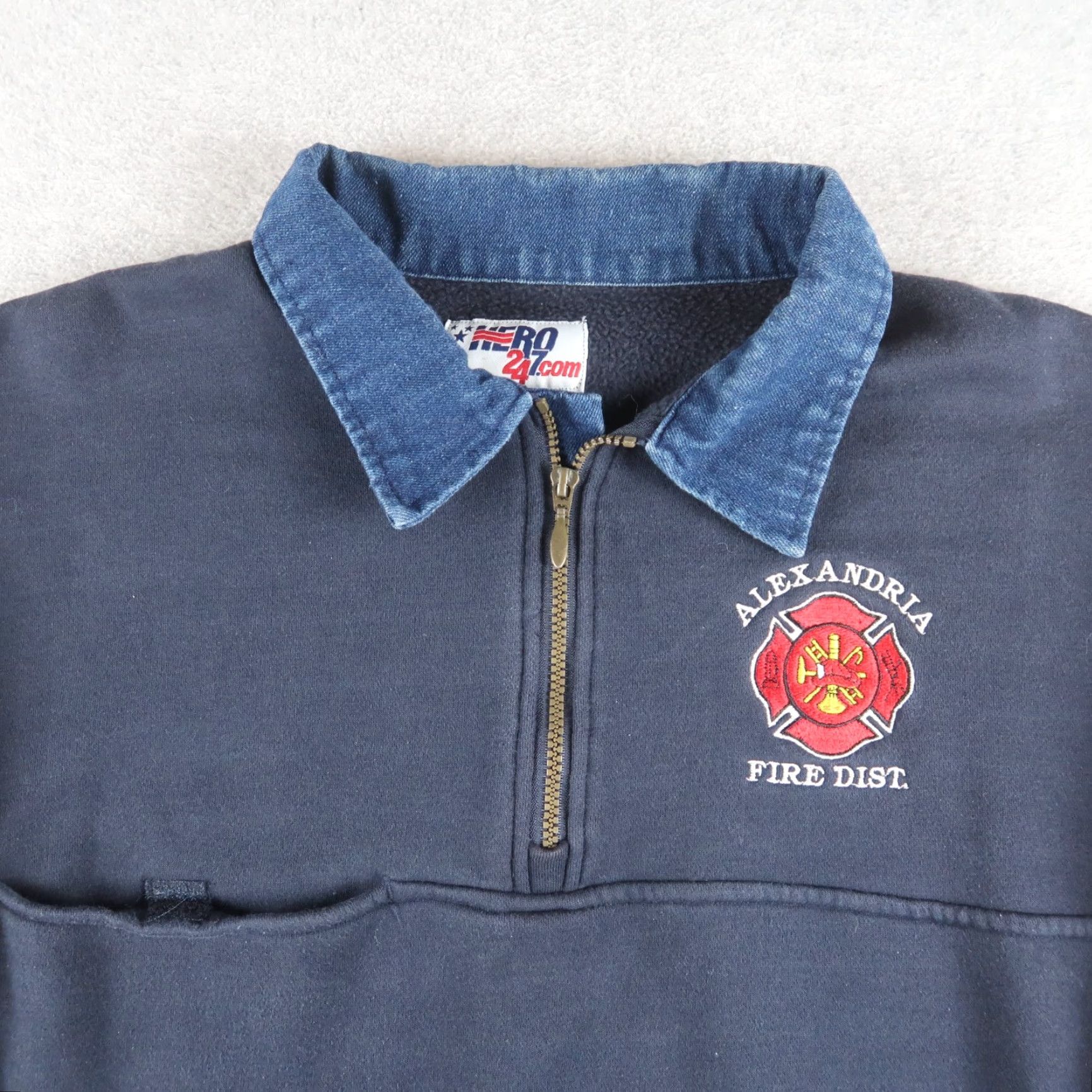 Vintage VINTAGE Hero 247 Alexandria Fire Department Sweatshirt Adult XL Blue Denim Elbow Patch 1/4 Zip Fleece Cotton Blend Logo 90s Fire & Rescue Mens Size US XL / EU 56 / 4 - 3 Thumbnail