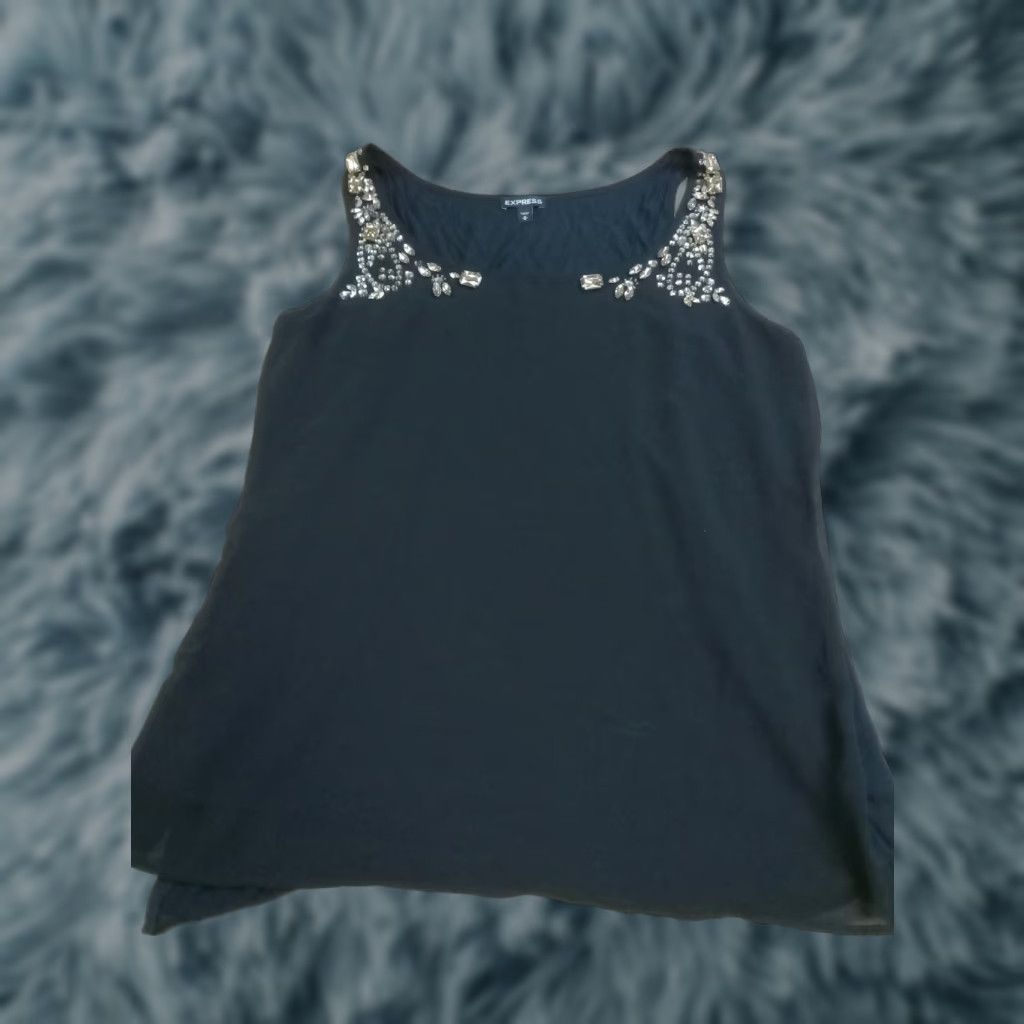 Express Express Tank Top M Black Rhinestone Embellished Double Layer 34"x25" Sleeveless Womens Modern Classic Poolside style Size M / US 6-8 / IT 42-44 - 1 Thumbnail