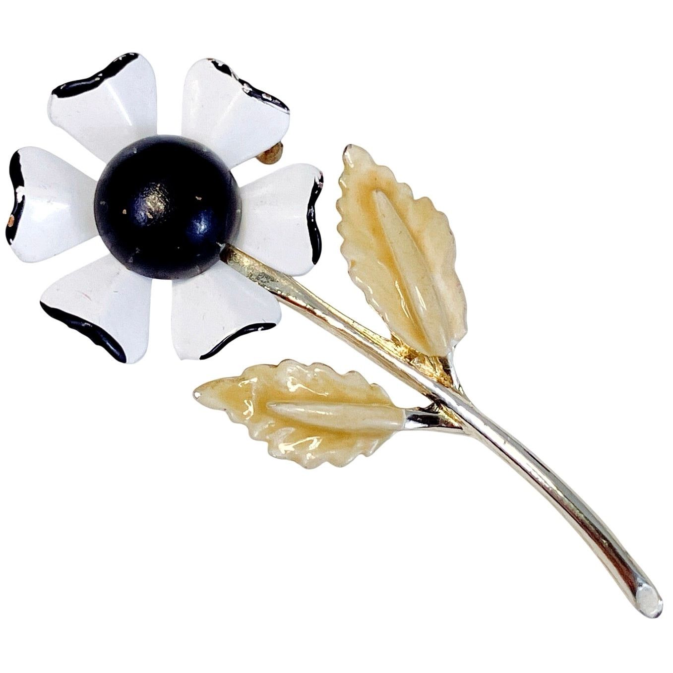 Vintage VTG 1960s Brooch Mod Enamel Flower Black White Size ONE SIZE - 1 Thumbnail