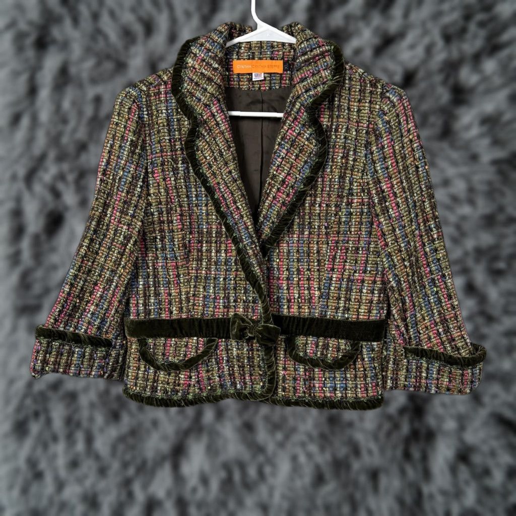 Velvet VTG 90s Cynthia Cynthia Steffe Blazer XL Multicolor Tweed Velvet Trim 3/4 Sleeve Notch Collar Pockets USA Womens Size XL / US 12-14 / IT 48-50 - 1 Thumbnail