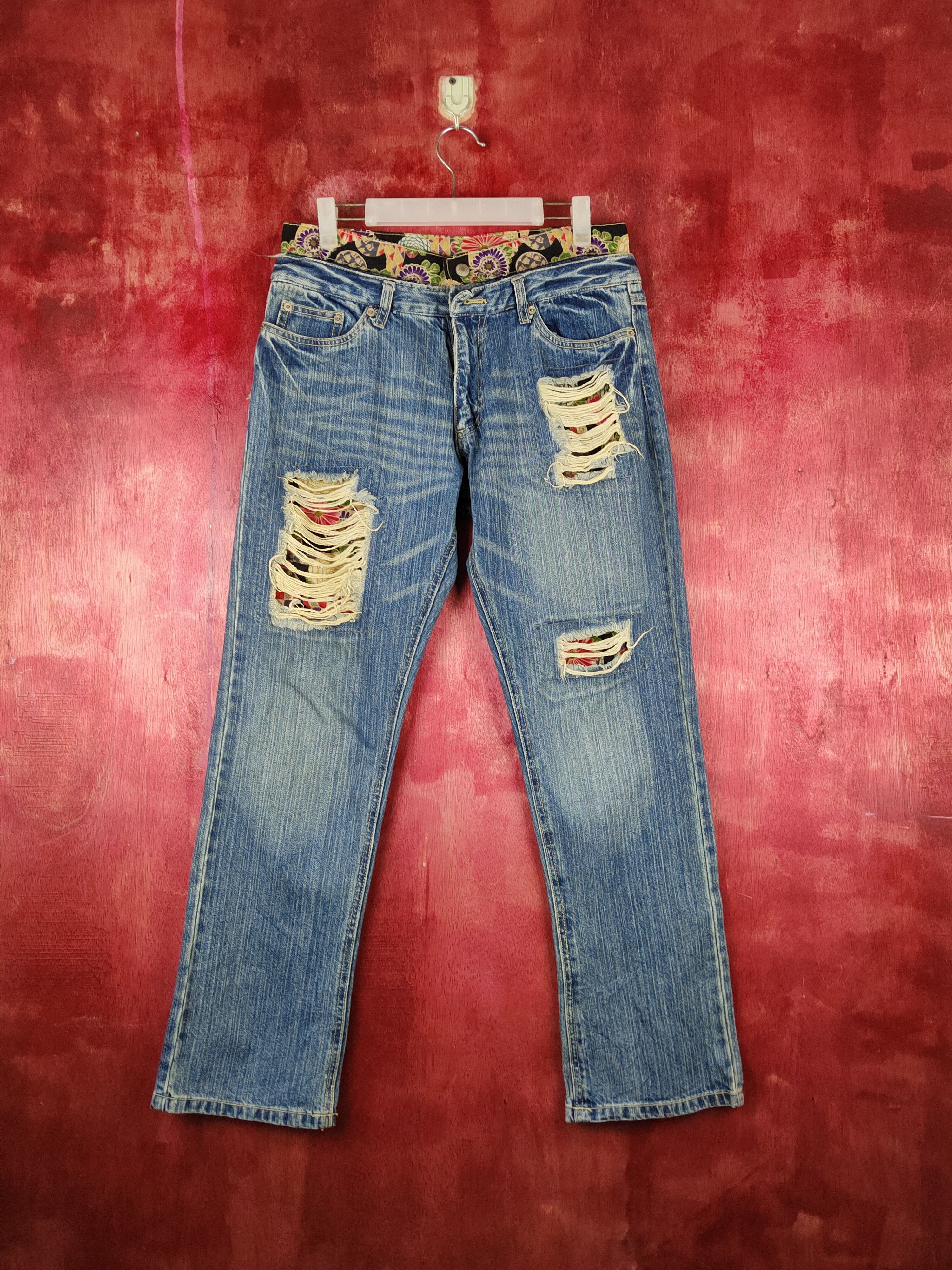 Japanese Brand Double Waist Japan Blue Distressed ripped Denim #S1516 Size 31" - 1 Thumbnail