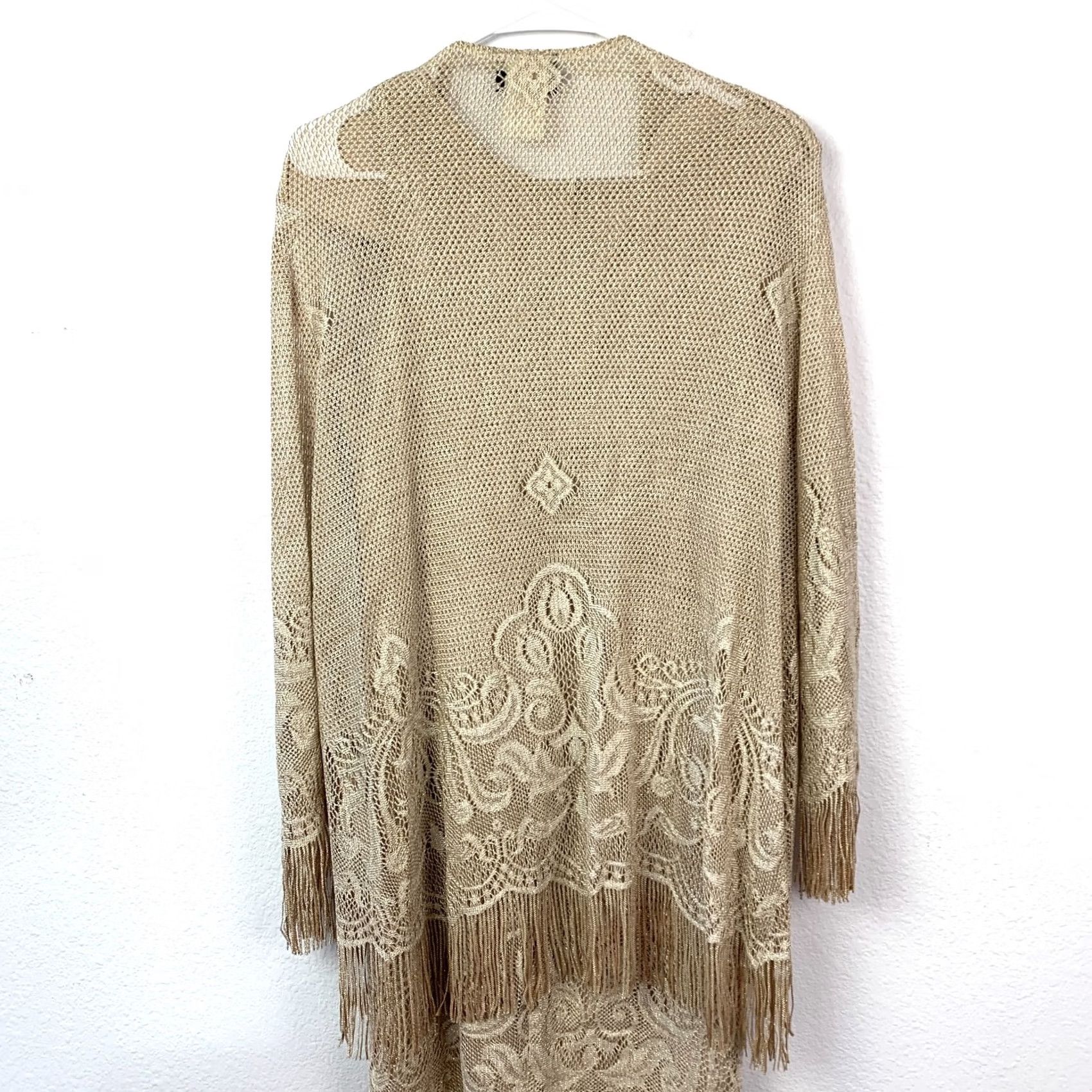 Vintage VINTAGE Onyx Nite by Wendy Chaitin Dress Cardigan Set Women 14 Beige Gold Fringe Lace Knit Open Lightweight Formal Party/Cocktail Wedding Guest Size XL / US 12-14 / IT 48-50 - 5 Thumbnail