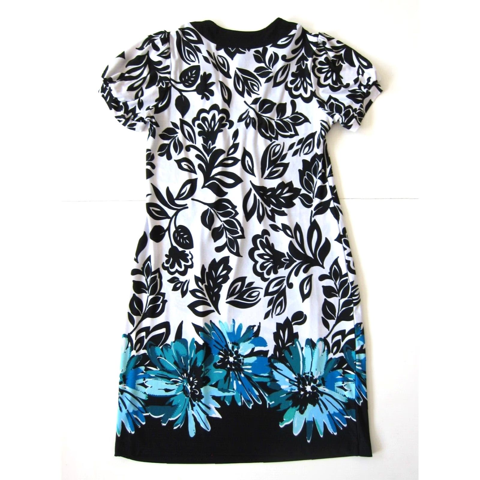 Vintage VINTAGE En Focus Studio Dress Floral Short Sleeve Tunic Sheath A-Line 6 Black White Blue Size 28" / US 6 / IT 42 - 2 Thumbnail