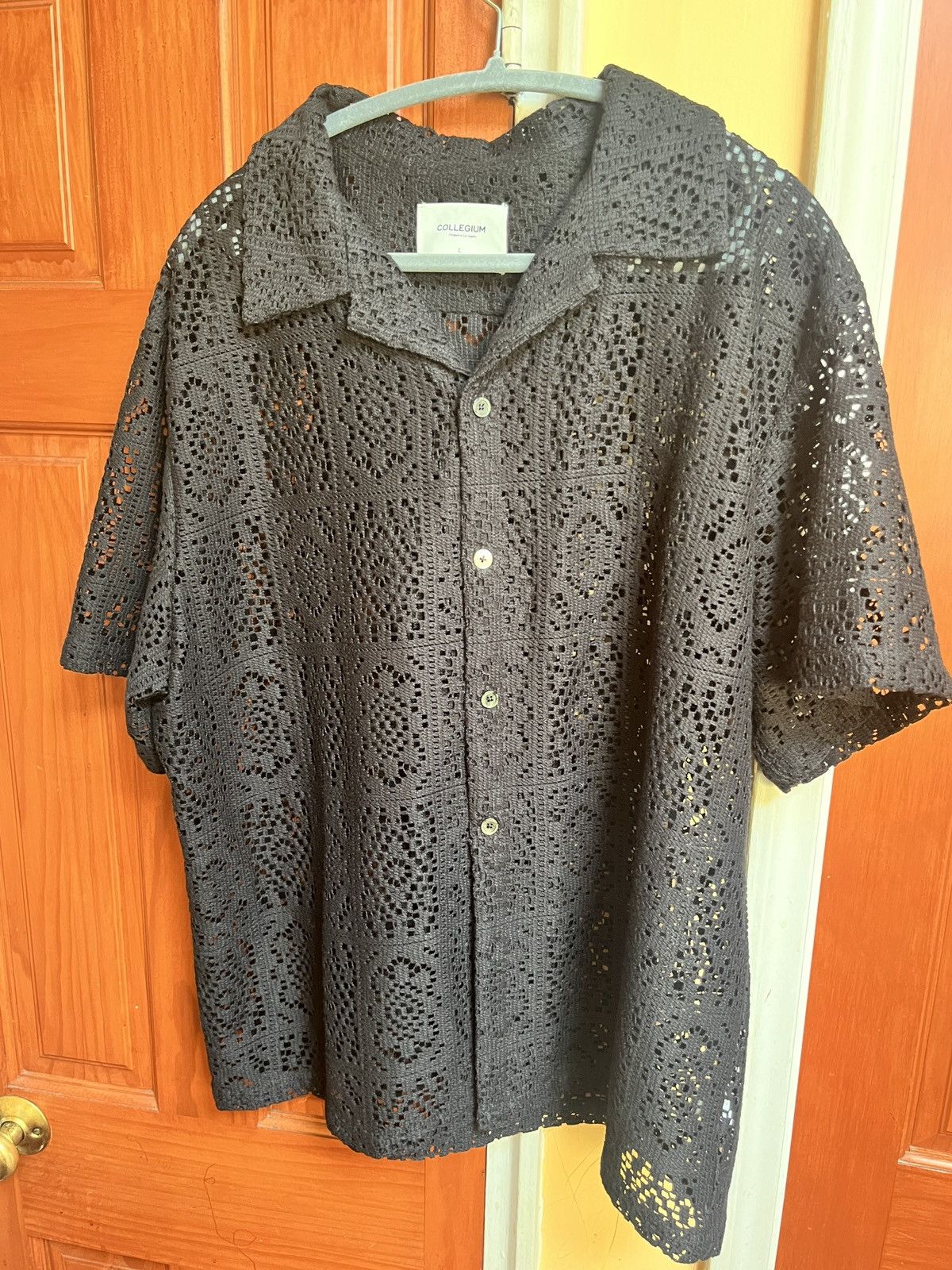 image of Collegium Pillar Lace Camp Collar Shirt in Black, Men's (Size Large)
