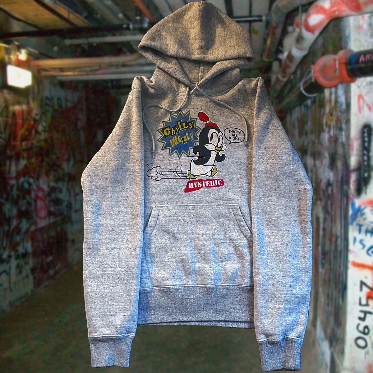 image of Hysteric Glamour Chilly Willy Gray Pull Over Graphic Hoodie in Grey, Men's (Size Small)