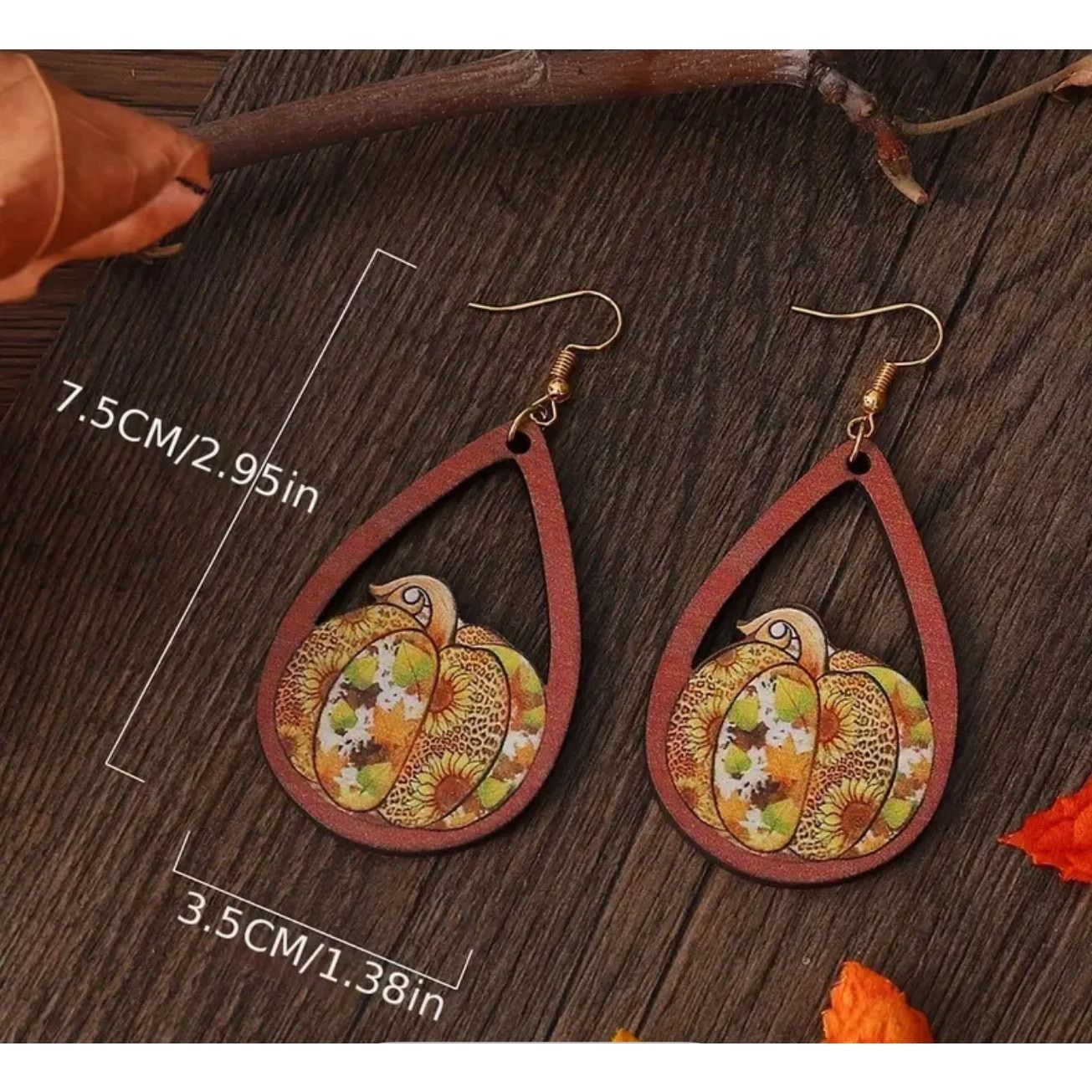 Handmade Thanksgiving Earrings Leopard and Sunflower Pumpkin Wood Size ONE SIZE - 3 Thumbnail