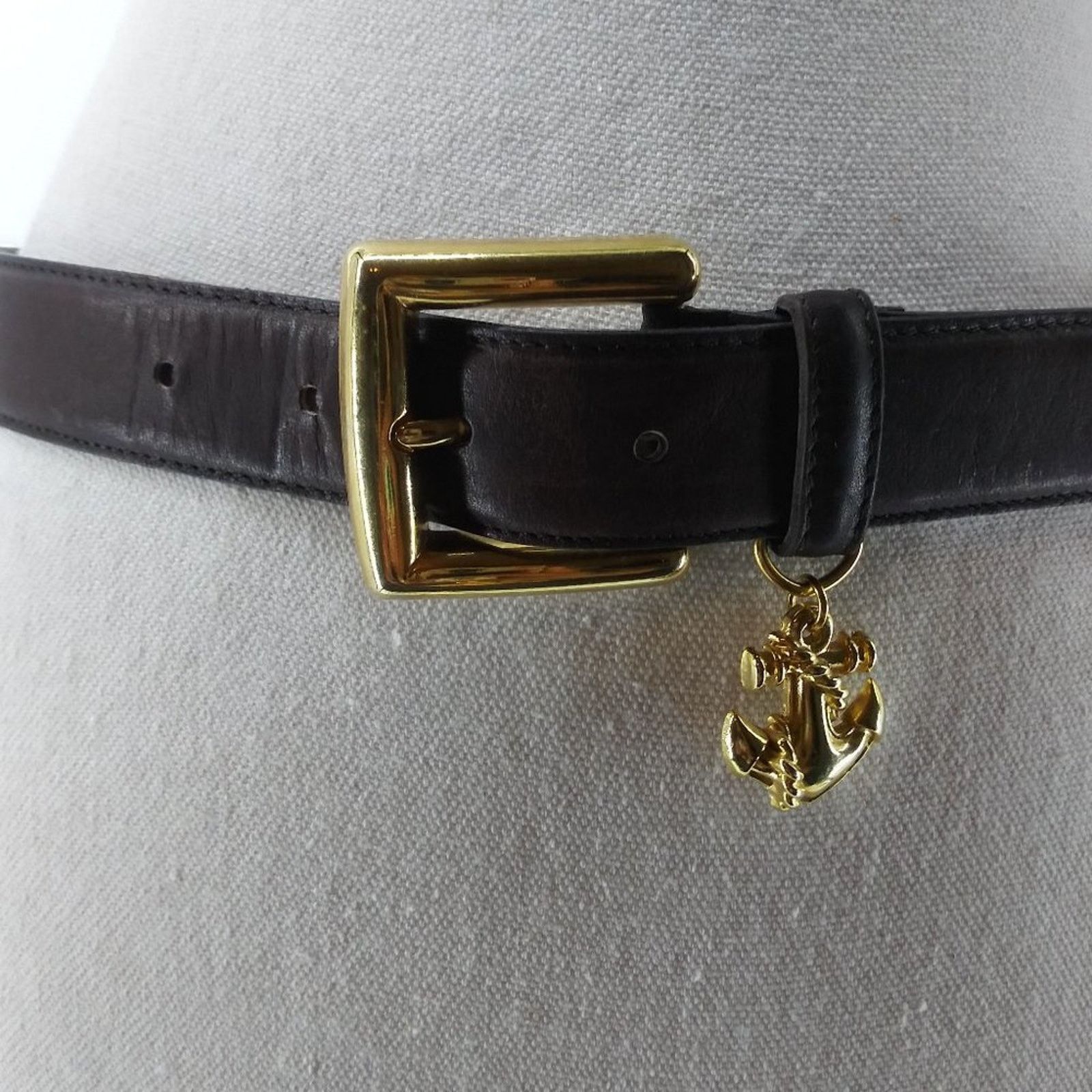 Vintage Women's Brown leather Belt Gold Buckle Anchor Nautical M L Size ONE SIZE - 13 Thumbnail