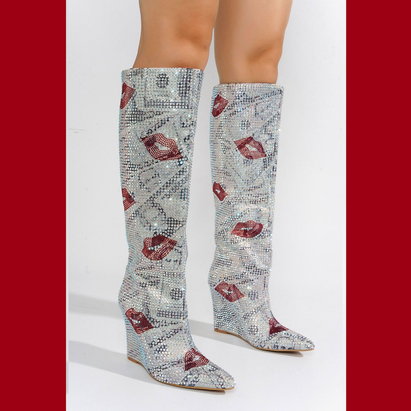 Other Kisses Silver Rhinestone Kiss Print Wedge Heel Knee Boots NE Size US 8 / IT 38 - 2 Thumbnail