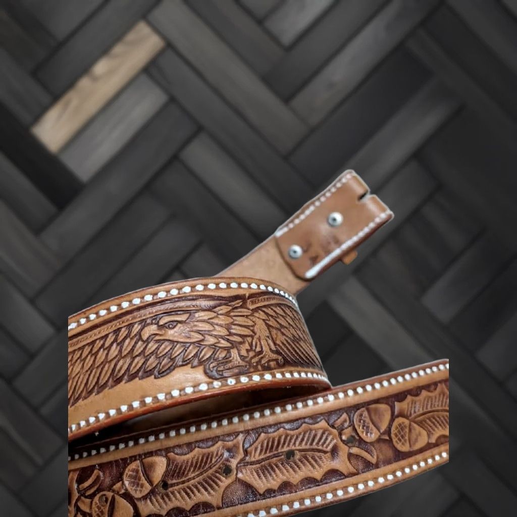 Vintage VINTAGE handcrafted EAGLE Tooled Western Belt 32 Cowhide Leather brown 1-5/8" Regular Men Size 32 - 1 Thumbnail
