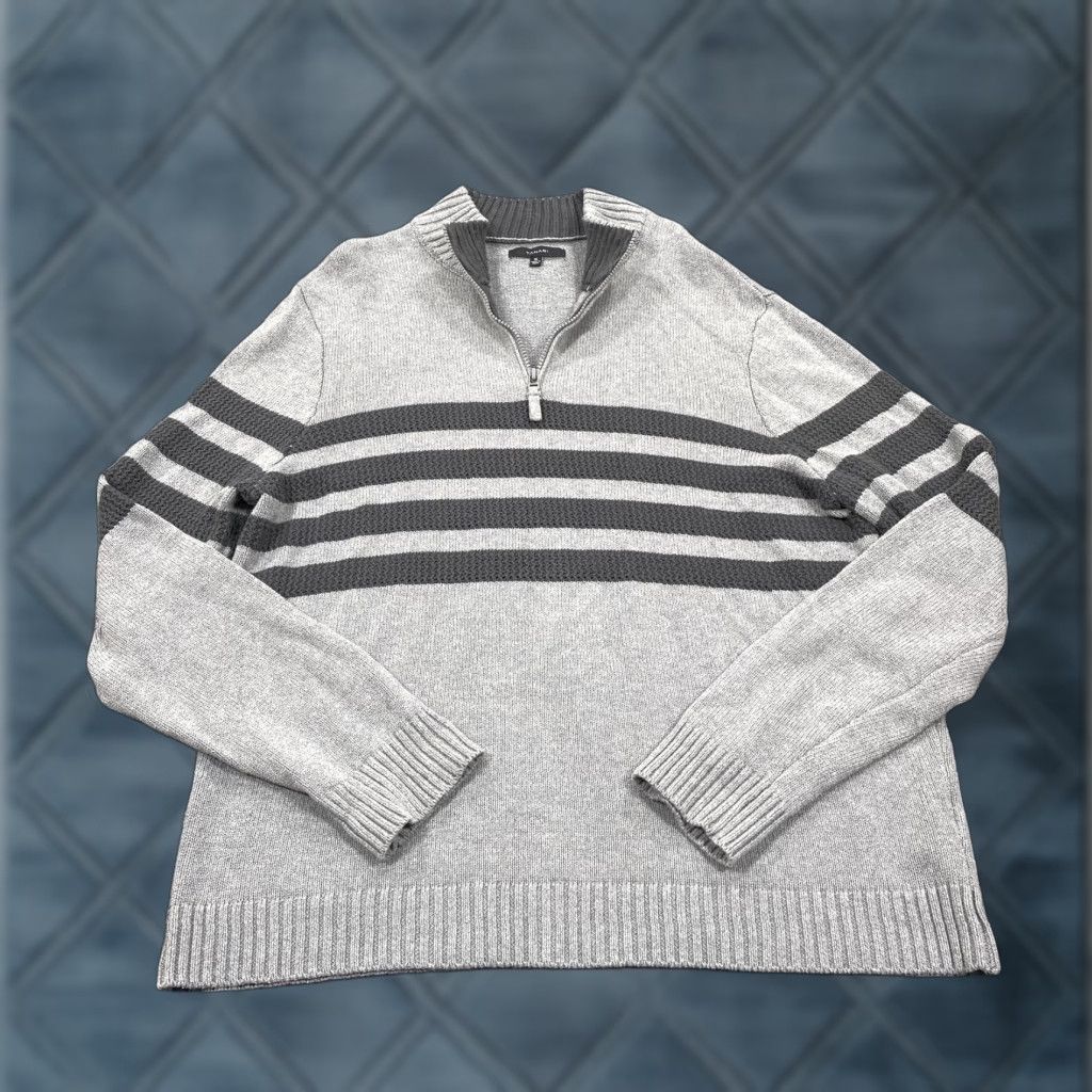 Vintage Tahari Mens XL Gray Striped 1/4 Zip Mock Neck Cotton Pullover Casual Sweater Size US XL / EU 56 / 4 - 1 Thumbnail