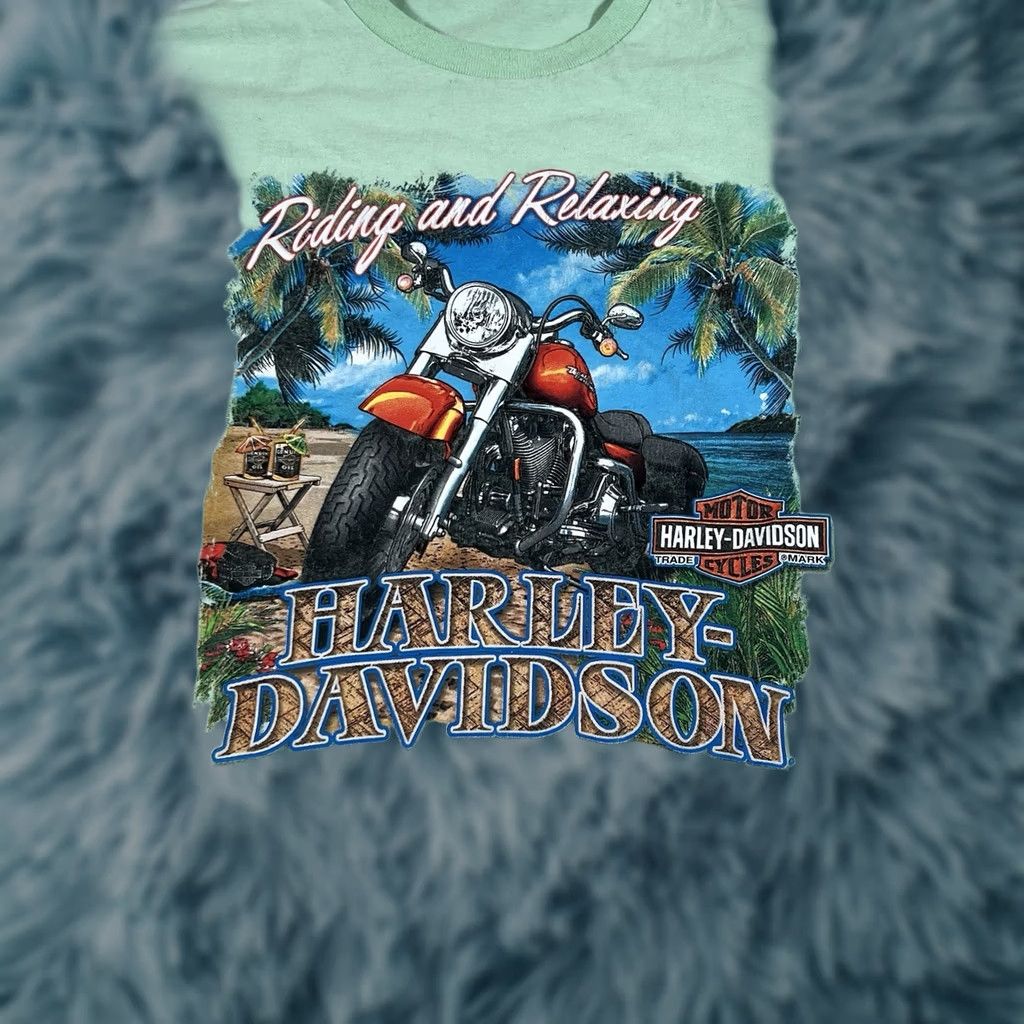 Harley Davidson VINTAGE Harley-Davidson T-Shirt XL Green Motorcycle On The Beach Nassau Bahamas Y2K Mens XL Size US XL / EU 56 / 4 - 1 Thumbnail
