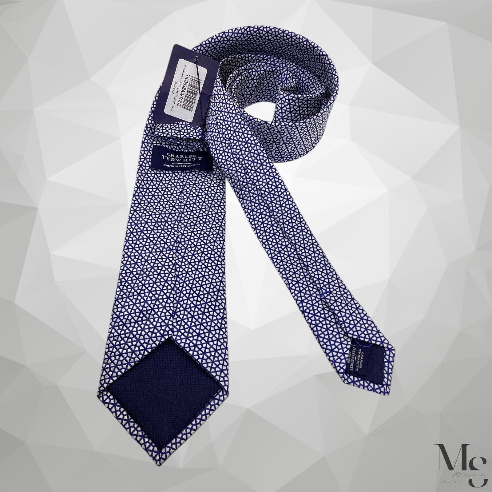 Charles Tyrwhitt CHARLES TYRWHITT Royal & White Geometric Lattice Silk Tie W: Size ONE SIZE - 2 Thumbnail