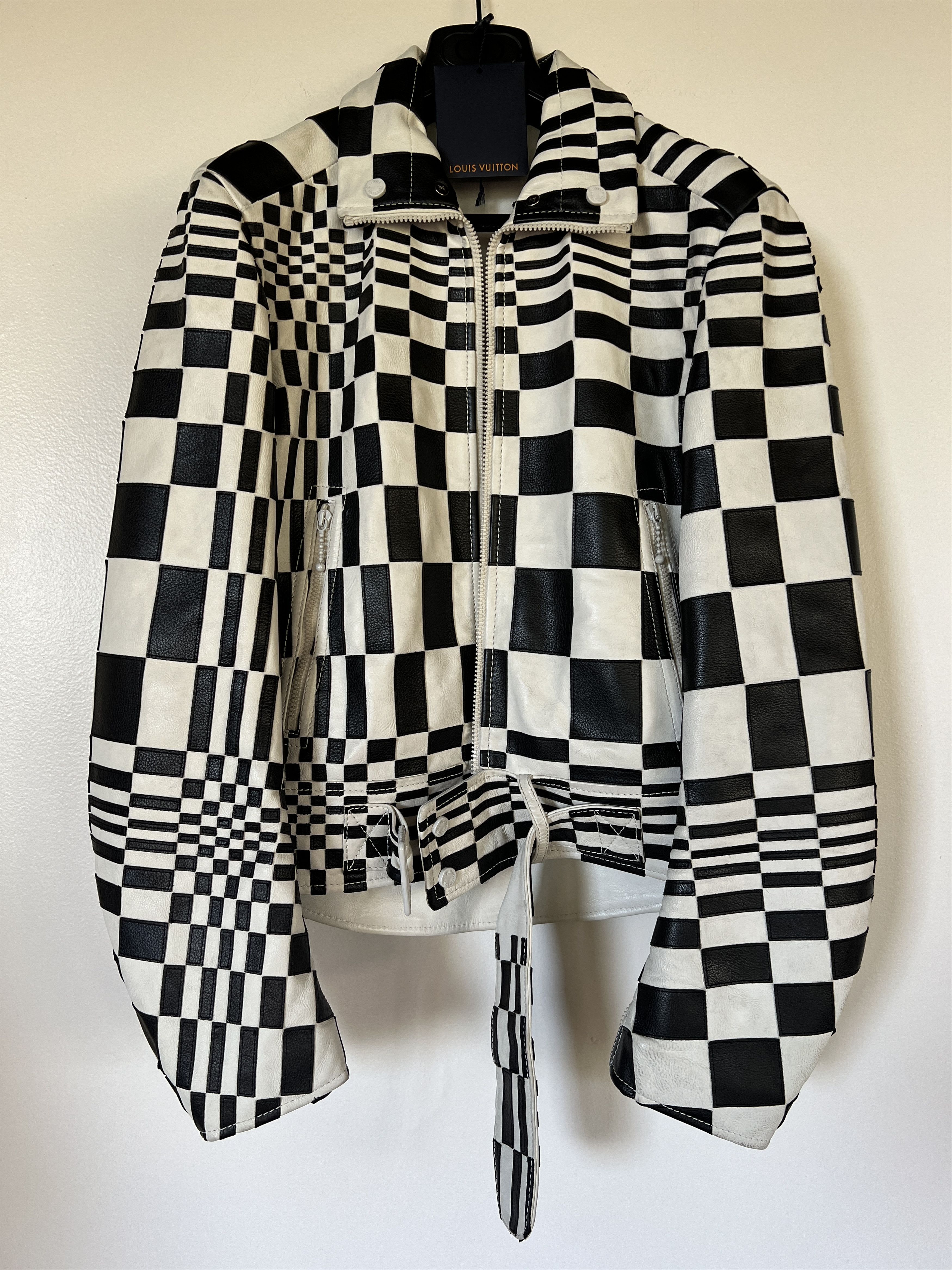 SS21 RUNWAY CHECKER PATCHWORK LEATHER BIKER JACKET SZ 46