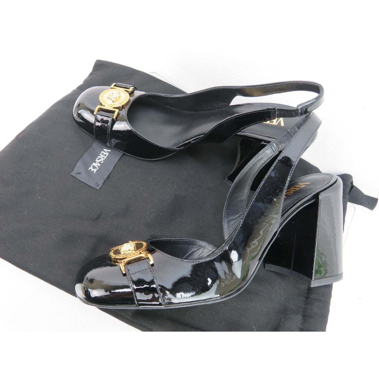 VERSACE BLACK PATENT LEATHER GOLD MEDUSA SANDALS PUMPS 40 10