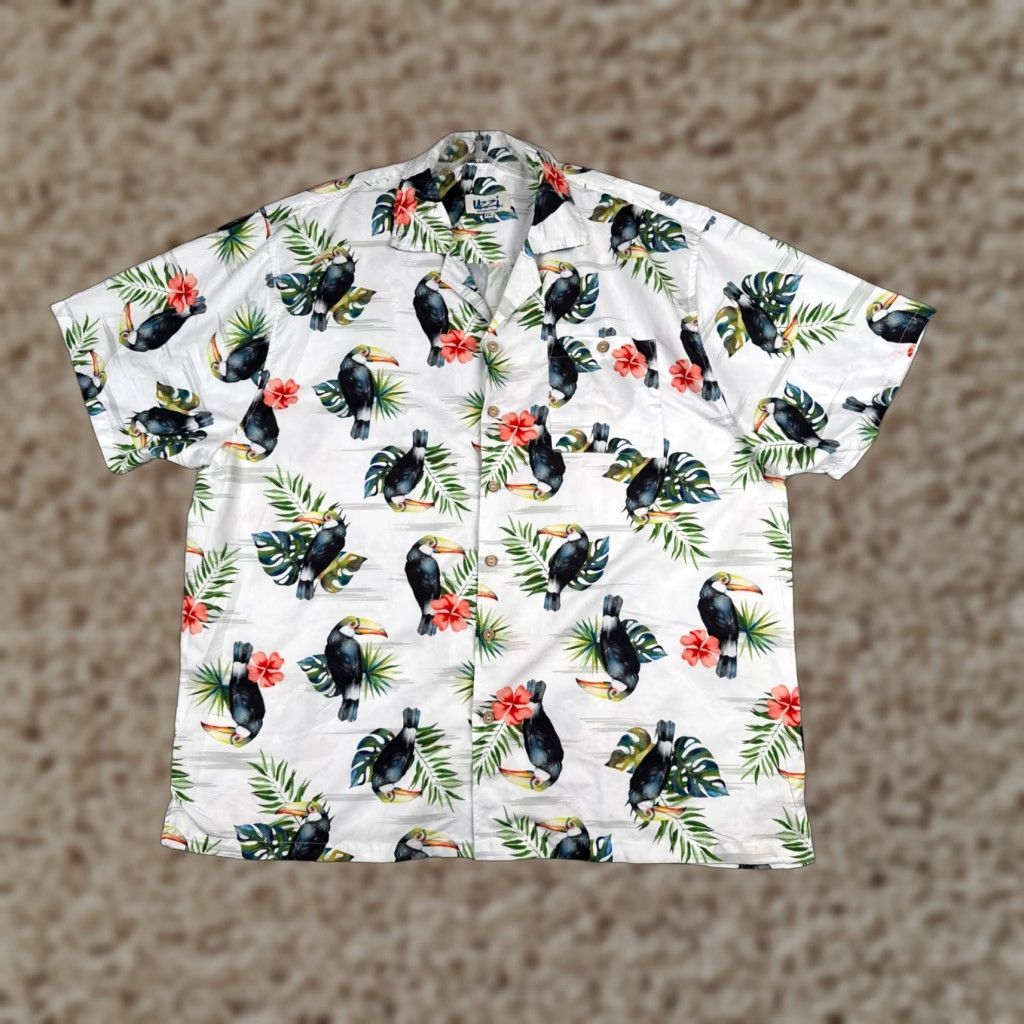 FUZZI Uzzi Shirt Men Hawaiian Floral Toucan White 2XL 100% Polyester Pocket Aloha Resort Vacation Size US XXL / EU 58 / 5 - 1 Thumbnail