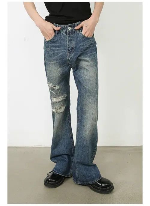 Handmade × Japanese Brand × Jean Pants Blue loose straight-leg ripped bootcut jeans Size US 32 / EU 48 - 1 Thumbnail