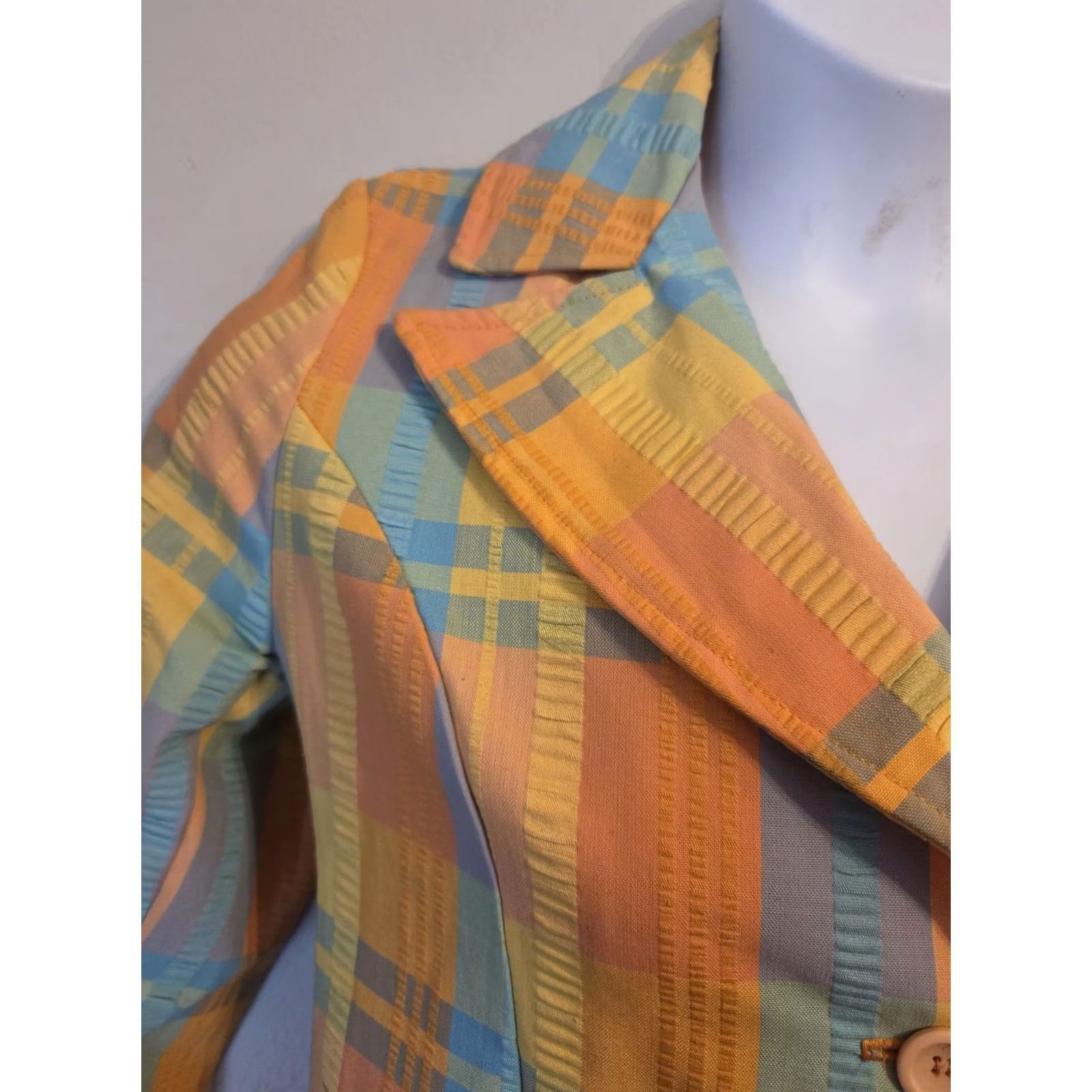 Vintage VINTAGE Jacket Blazer 12 70s Pastel Plaid Seersucker Size XL / US 12-14 / IT 48-50 - 3 Thumbnail