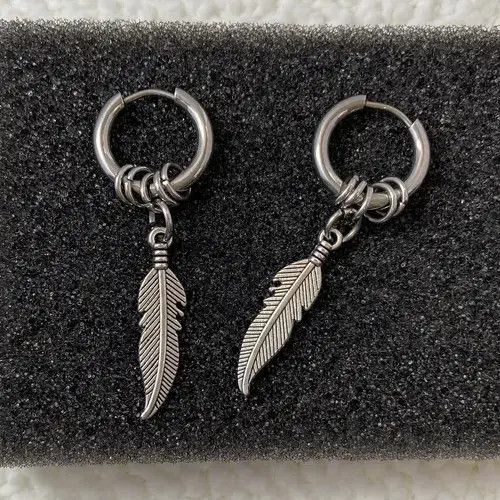 Designer × Sterling Silver Titanium Steel Feather Dangle Drop Earrings for Men Women Size ONE SIZE - 3 Thumbnail