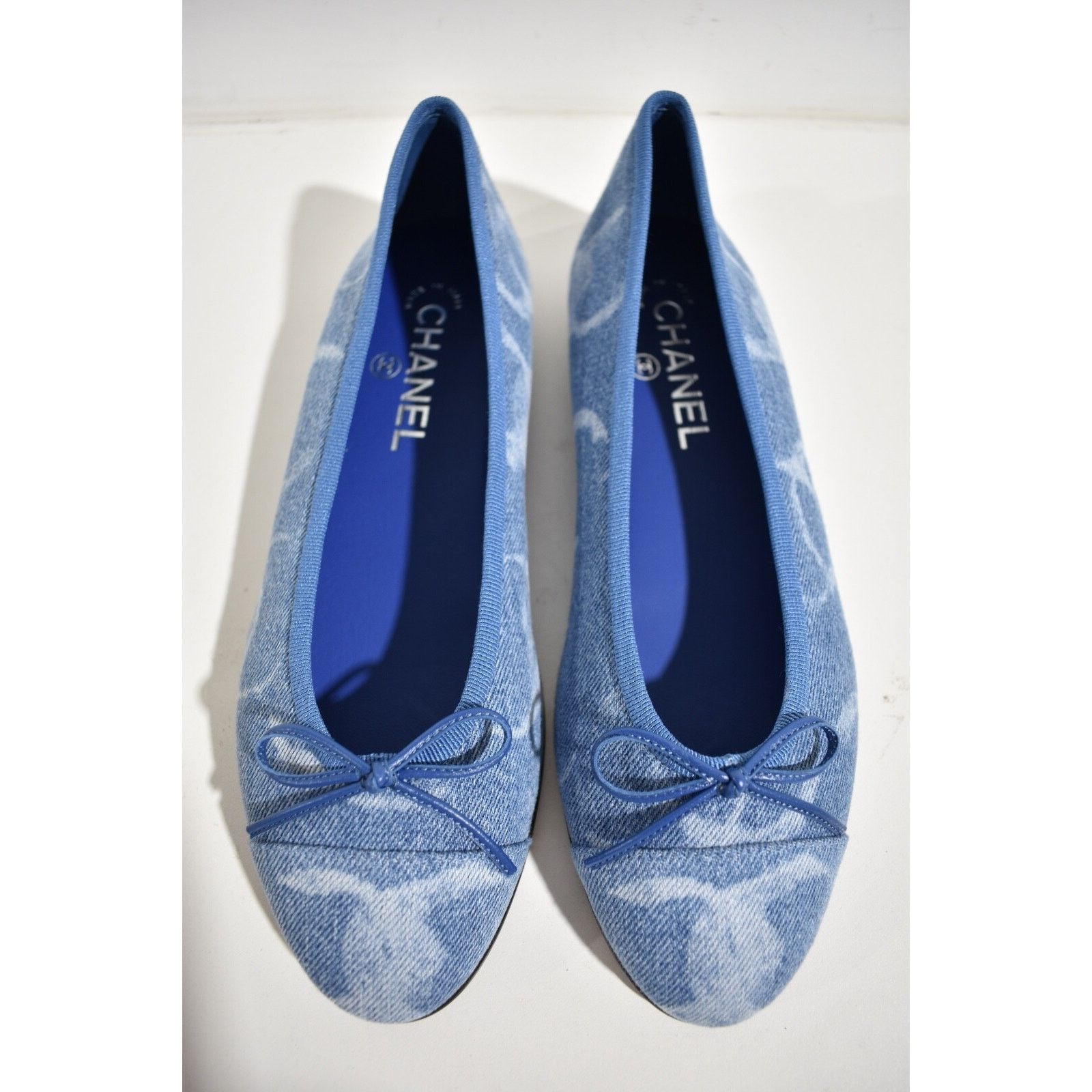 23B Printed Denim CC Logo Bow Tie Ballet Ballerina Flat 39.5
