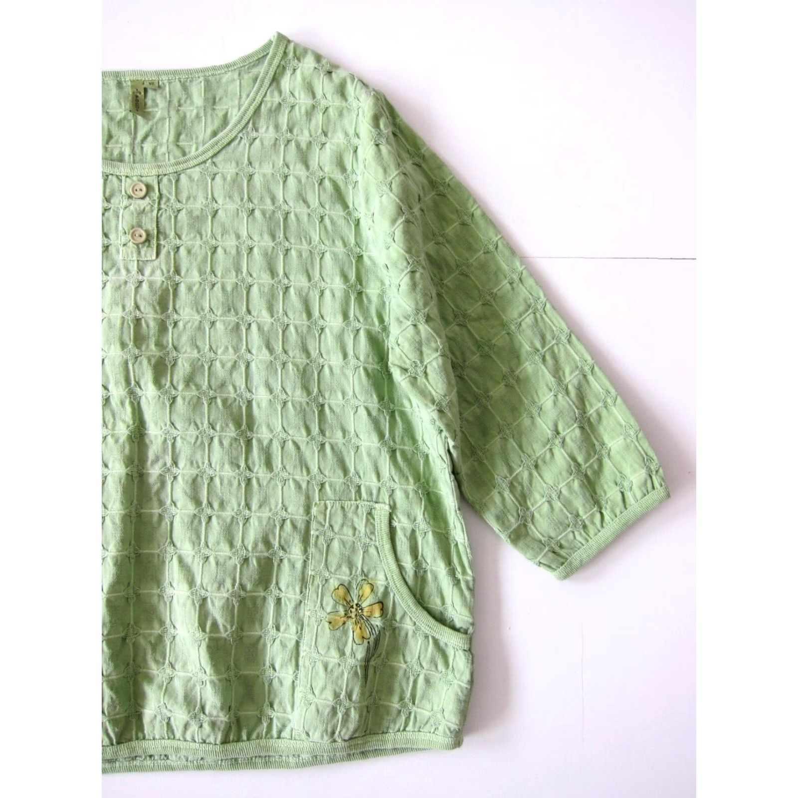 Vintage Focus 100% Waffle Cotton Green Floral Pocket 3/4 Sleeve Boxy Tunic Blouse XL Size XL / US 12-14 / IT 48-50 - 8 Thumbnail