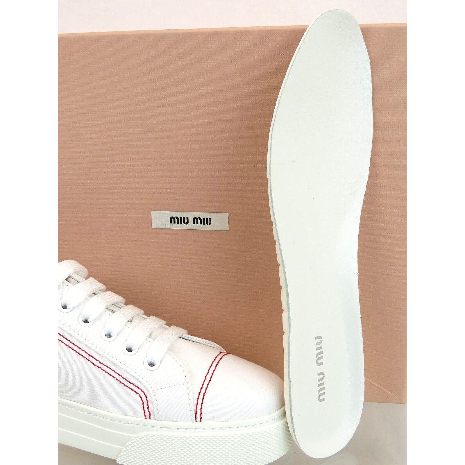 Miu Miu 5E004D WHITE CANVAS RED STITCHING LOGO LACE SNEAKERS 40 Size US 10 / IT 40 - 11 Thumbnail