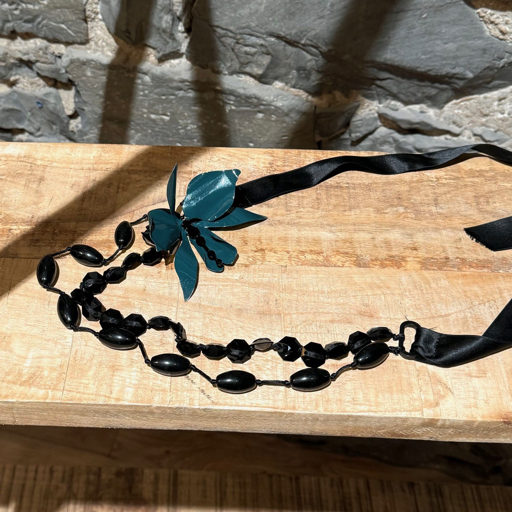 Lanvin Lanvin Black Stone Satin Flower Statement Necklace Size ONE SIZE - 2 Thumbnail