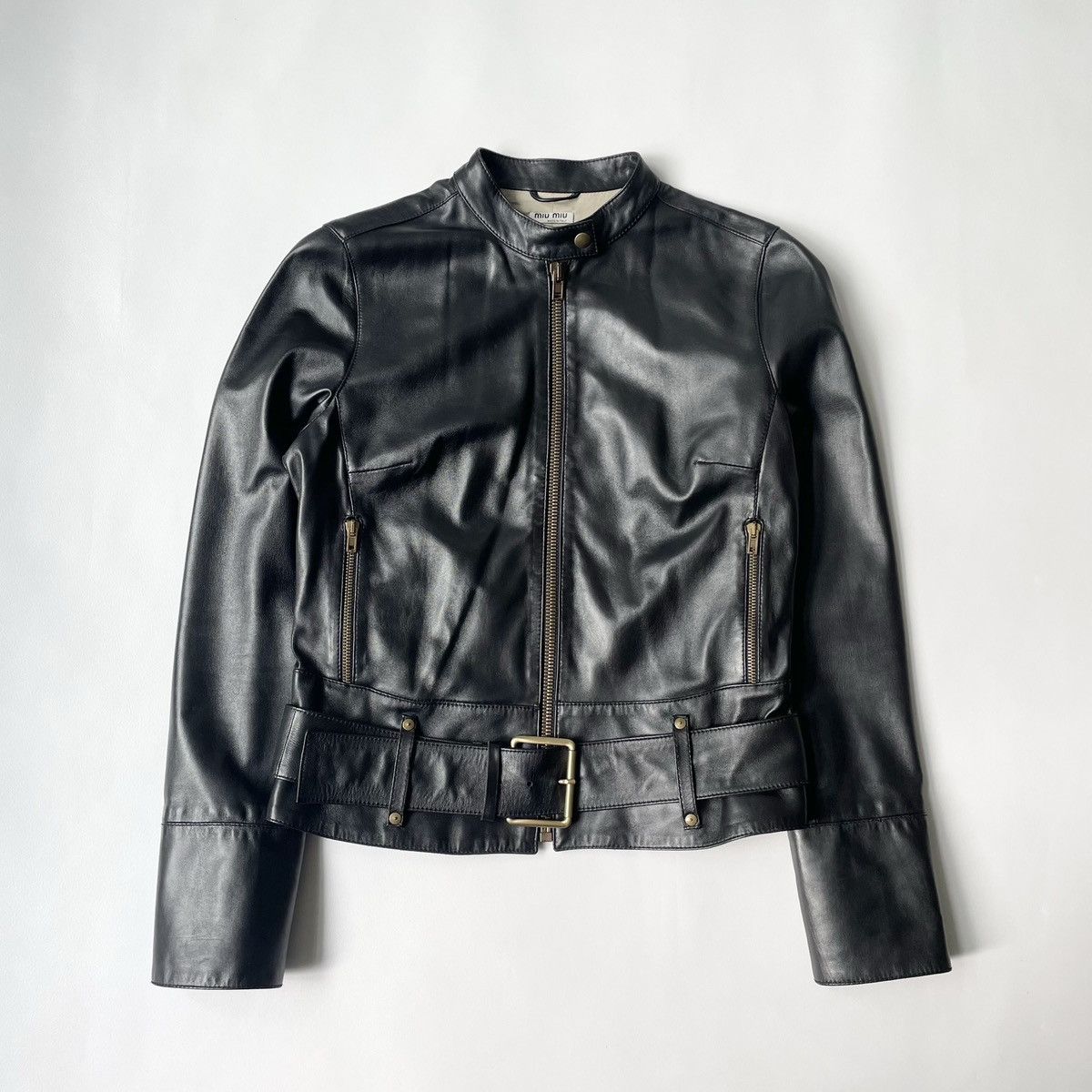 image of Miu Miu x Prada Mid 2000S Leather Moto Jacket in Black, Women's (Size Small)