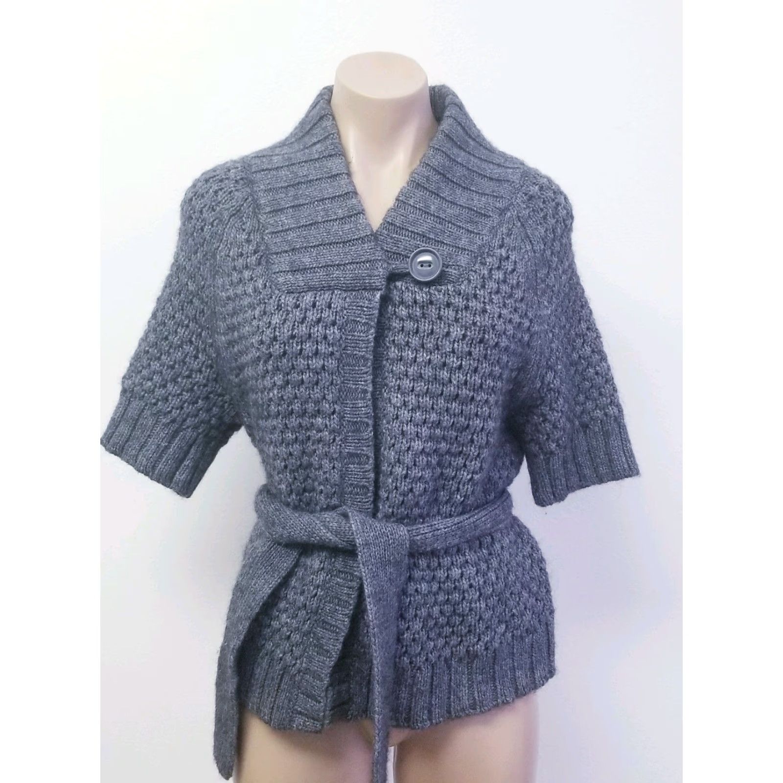 H&M VINTAGE H & M Cardigan Sweater Heather Grey Knit Size M Short Sleeve With Belt Size M / US 6-8 / IT 42-44 - 4 Thumbnail