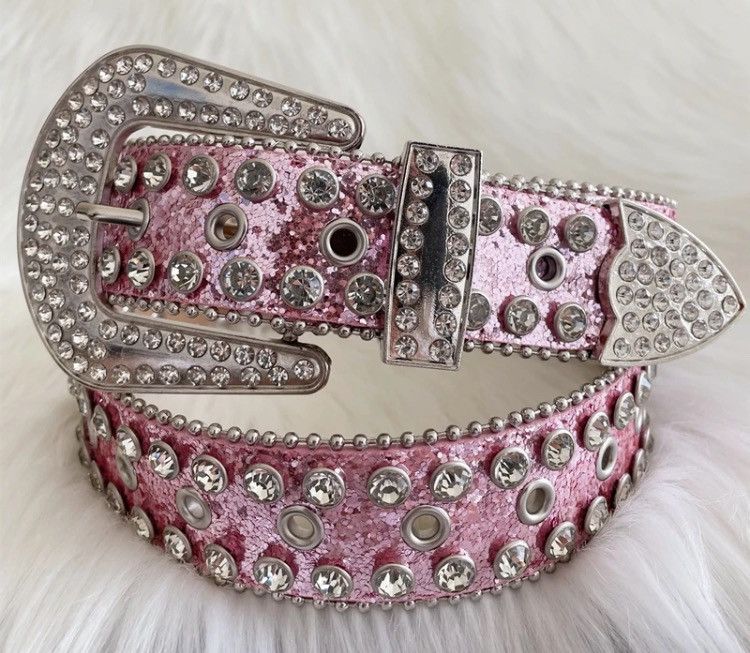 image of Pink Color Leather Strap Bling2 Rhinostone Belts, Men's