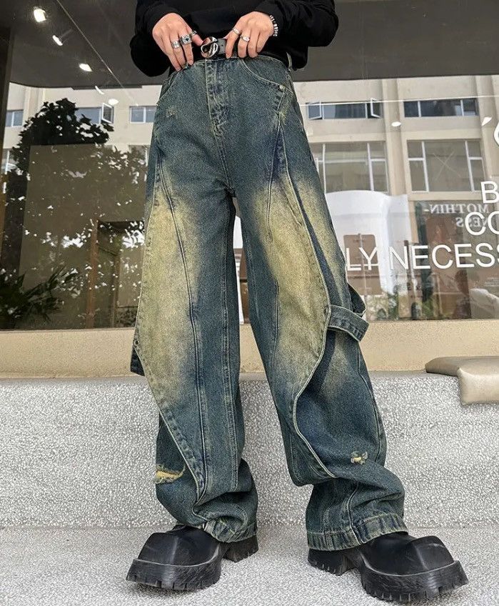 image of Distressed Denim Ribbon Niche Design Worn Out Loose Denim Pant in Blue, Men's (Size 33)