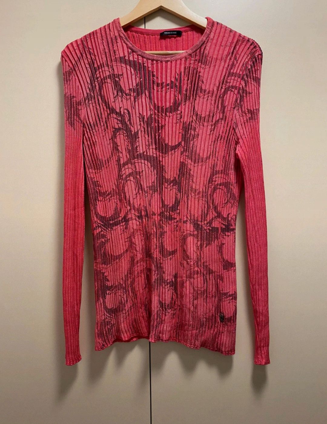 image of Avant Garde x Gianni Versace Versace Striped Sweater Mesh Top Y2K Tribal in Pink (Size Medium)