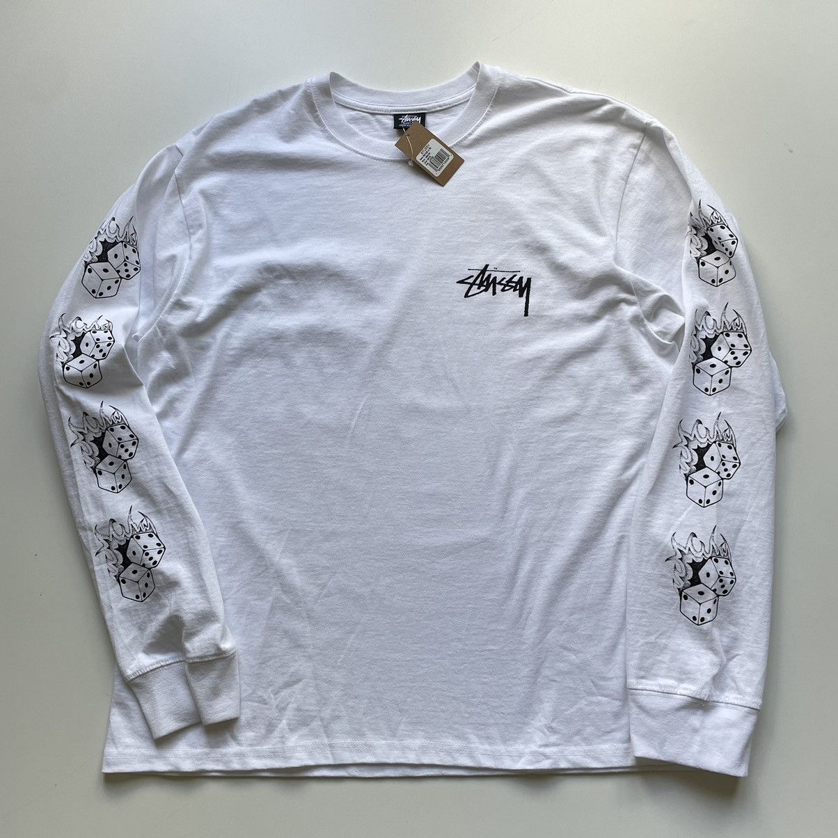 image of Vintage Stussy Fire Dice Graphic Long Sleeve Shirt NWT in White, Men's (Size Large)
