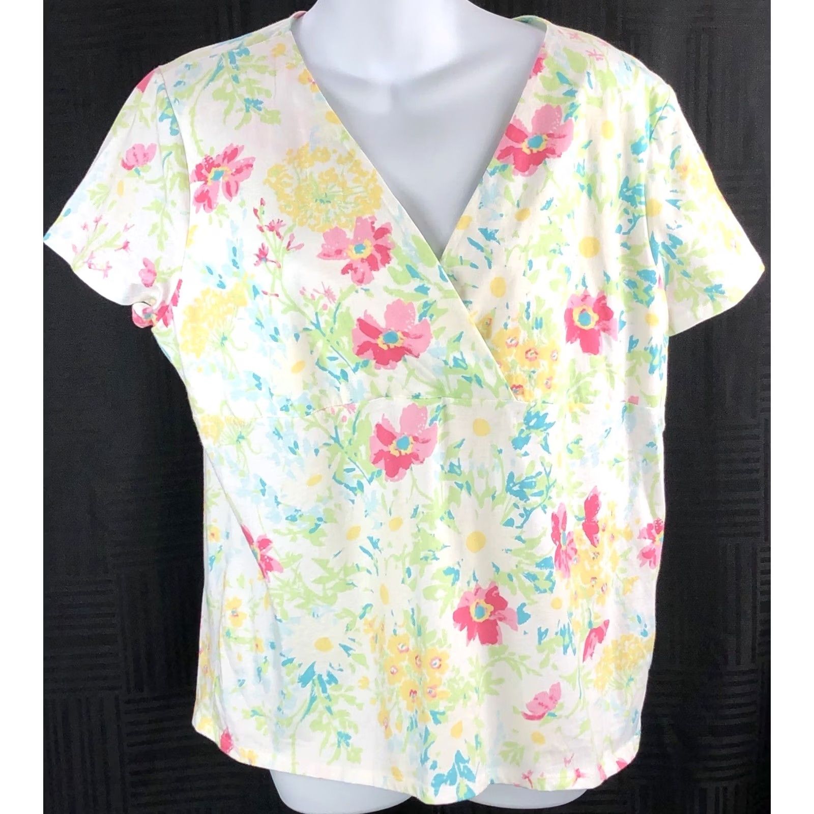Chaps VINTAGE RL Chaps surplice mock wrap top tee XL multi floral Short Sleeve Cotton V-Neck Womens Blouse Size XL / US 12-14 / IT 48-50 - 5 Thumbnail