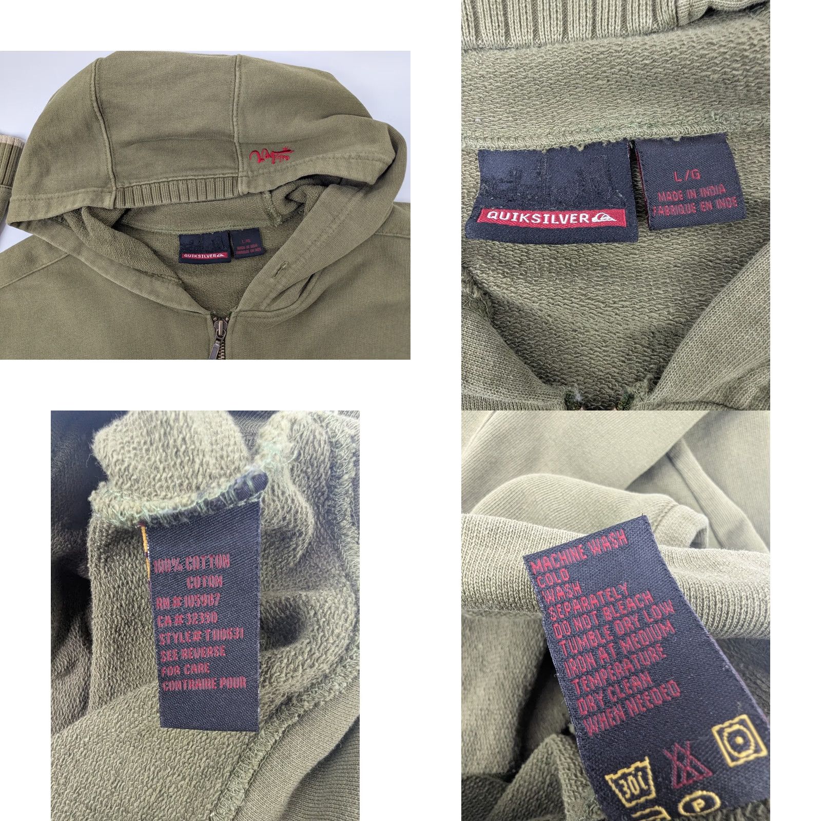 Quiksilver VINTAGE 90s Quiksilver Hoodie Men L Olive Green Surf Skater Street Zip Up Hooded Size US L / EU 52-54 / 3 - 8 Thumbnail