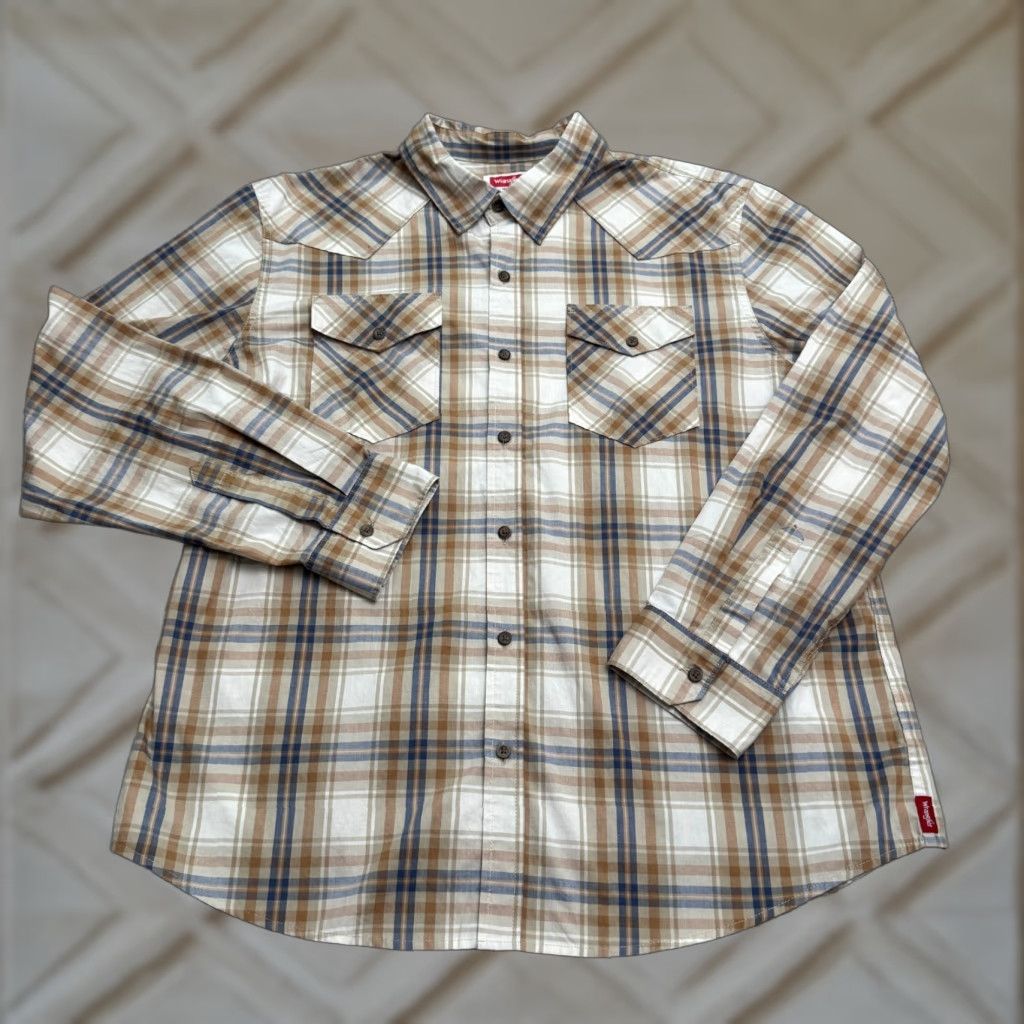 Wrangler Wrangler Button Down Shirt Mens XL Brown Blue Plaid Long Sleeve Pockets Casual Size US XL / EU 56 / 4 - 1 Thumbnail