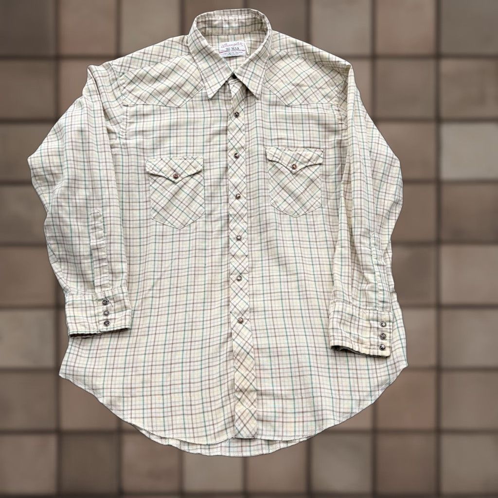 Wrangler VINTAGE Wrangler Shirt Mens XL Beige Plaid Western Pearl Snap 70s USA Big Man Short Description? Size US XL / EU 56 / 4 - 1 Thumbnail
