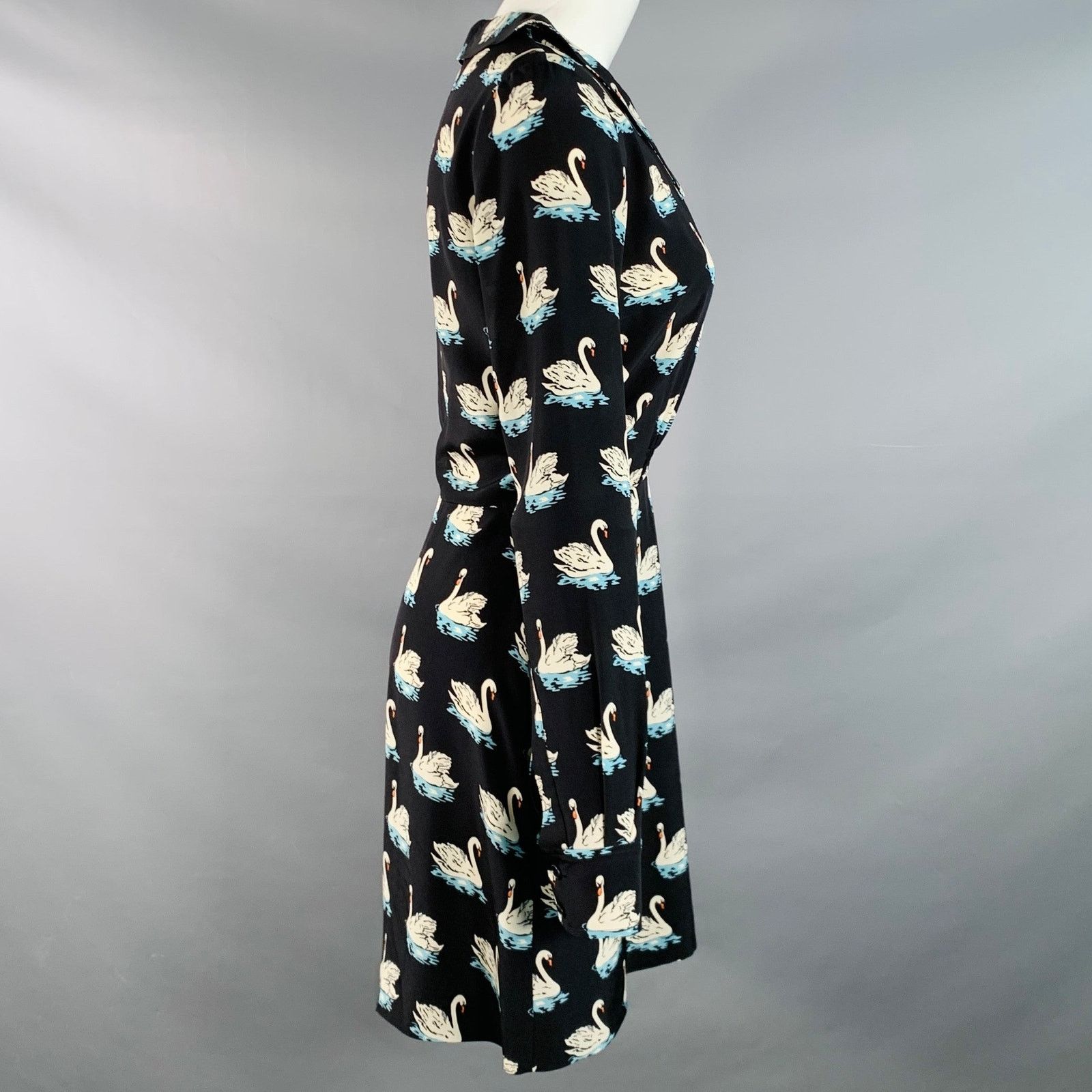 Stella McCartney 2 Black White Blue Silk Swans Point Collar Dress Size XS / US 0-2 / IT 36-38 - 3 Thumbnail