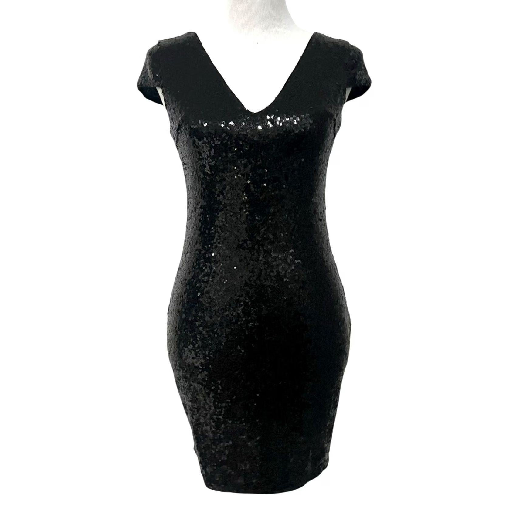 Vintage Verty Sequin Dress Black Mini Bodycon V-Neck Stretchy Party Evening Womens Small Dress Size S / US 4 / IT 40 - 2 Thumbnail