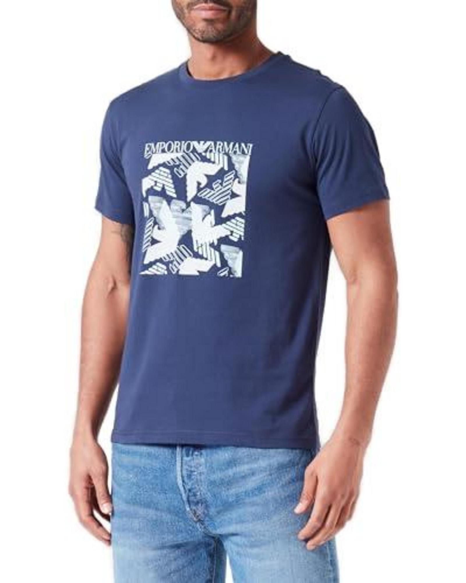 image of Emporio Armani Printed Cotton T-Shirt With Round Neck in Blue, Men's (Size Small)