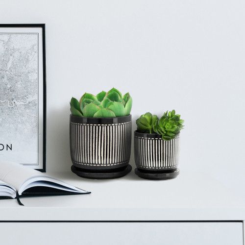 Designer × Homemade S/2 5/6" VERTICAL LINES PLANTER W/ SAUCER, BLACK Size US L / EU 52-54 / 3 - 1 Thumbnail