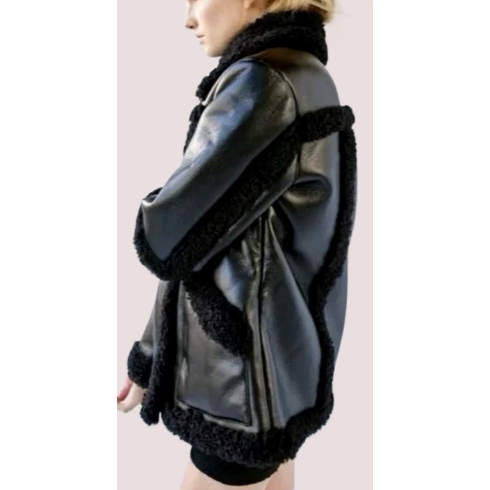 Urban Outfitters Willa Faux Leather Sherpa Jacket Oversized Aviator Biker M Black Long Sleeve, Women's