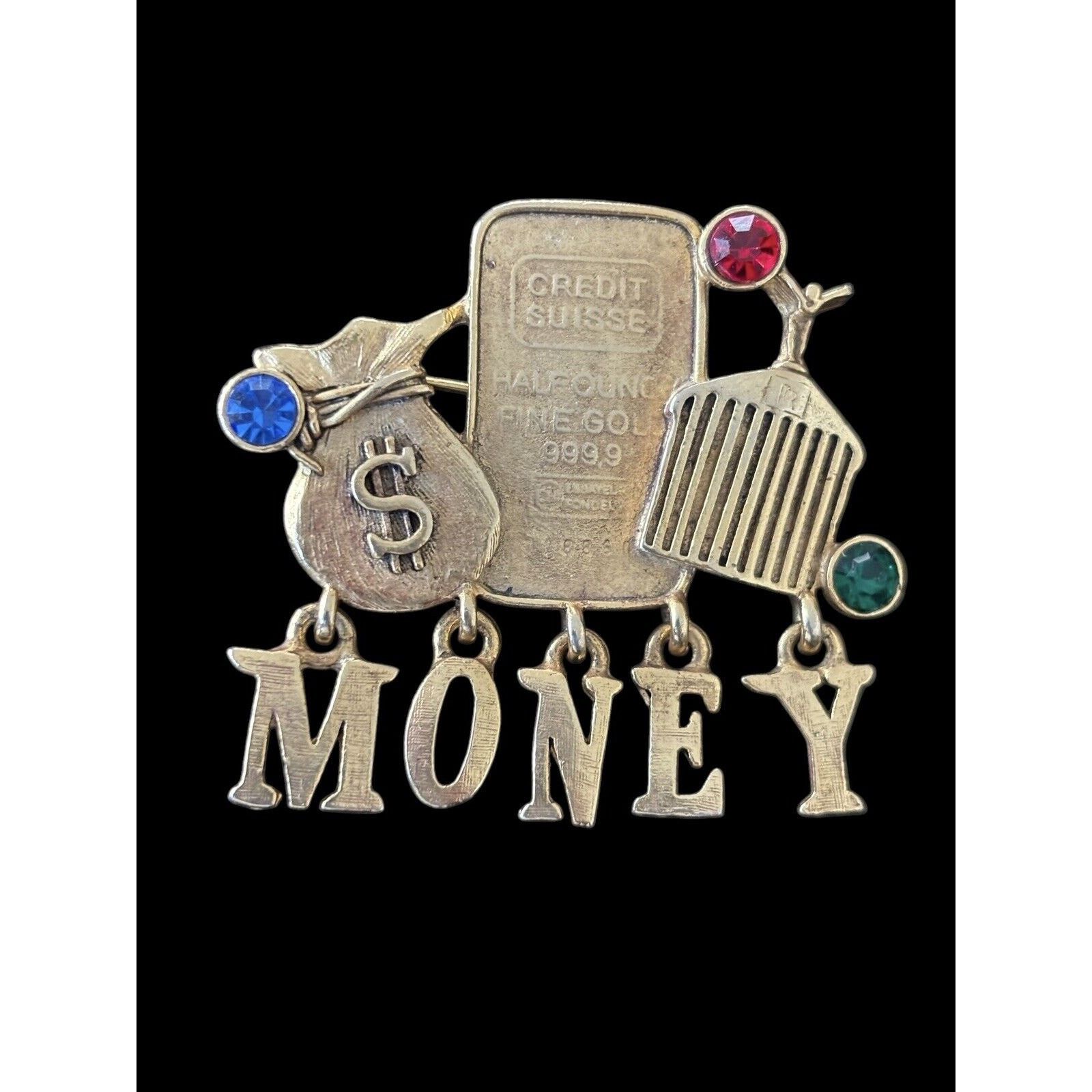 Other MONEY BAGS DANGLE BROOCH Gold Tone RHINESTONE Gambling Size ONE SIZE - 1 Thumbnail